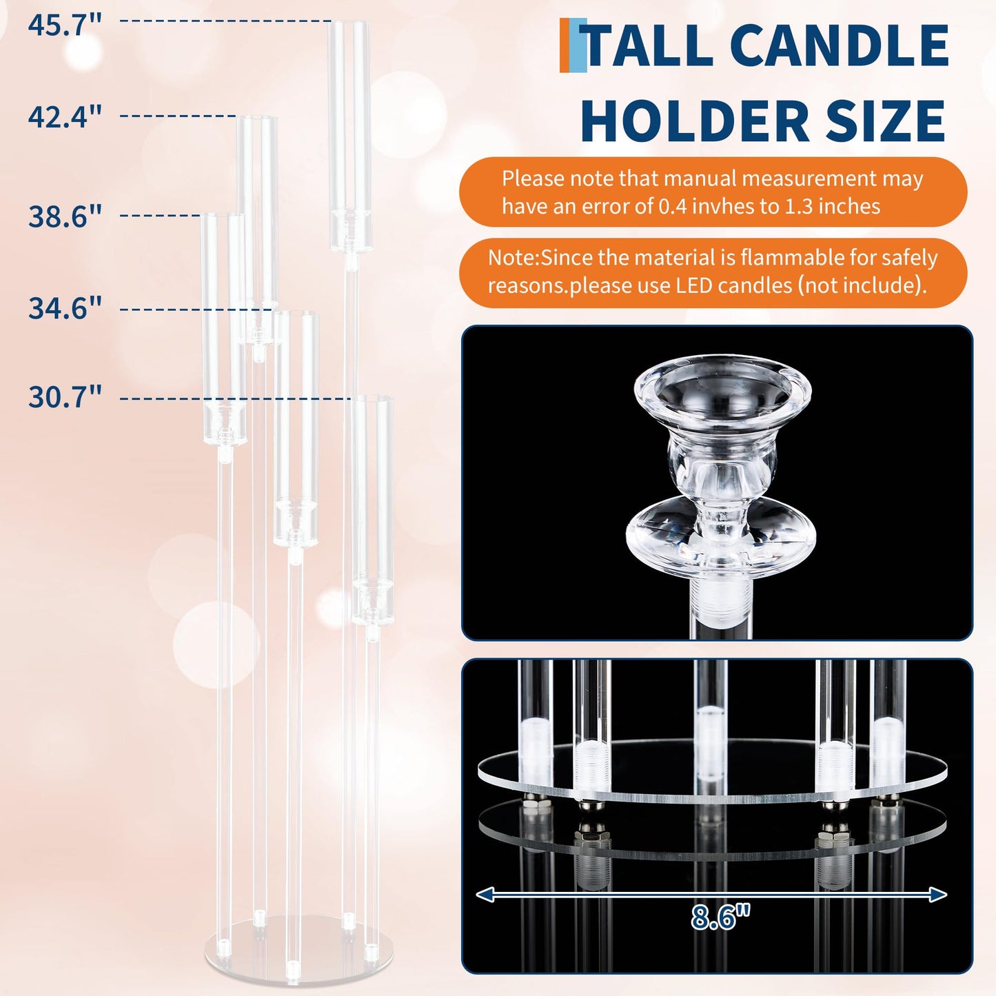 4pcs 45.7in Tall 5 Arm Acrylic Candelabra Centerpieces with Acrylic Shade for Table and Floor, Clear Candle Holders for Wedding Ceremony Birthday Party Home Decoration Fit 0.8in Candles (No Candle)