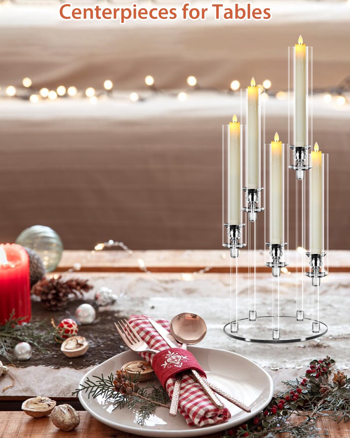 6 Set 5 Arm Acrylic Candle Holder with Candles, Mjkeomo 22.8'' Tall Table Candelabra Centerpiece, Lightweight Candelabra with Lampshades for Fireplace Mantel, Wedding, Housewarming Gift