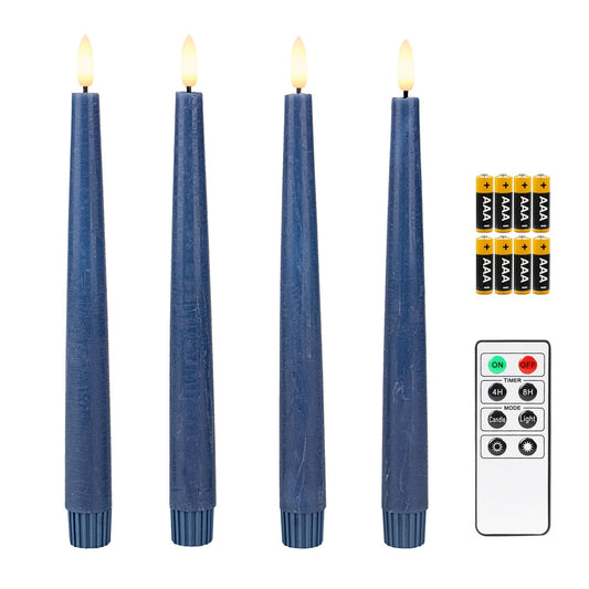 Fanna 9.6" Flameless LED Taper Candles with Timer in Real Wax, Battery Operated Rustic Wax Dinner Candlesticks with Remote, 8 Batteries Included - Set of 4 - Dark Blue