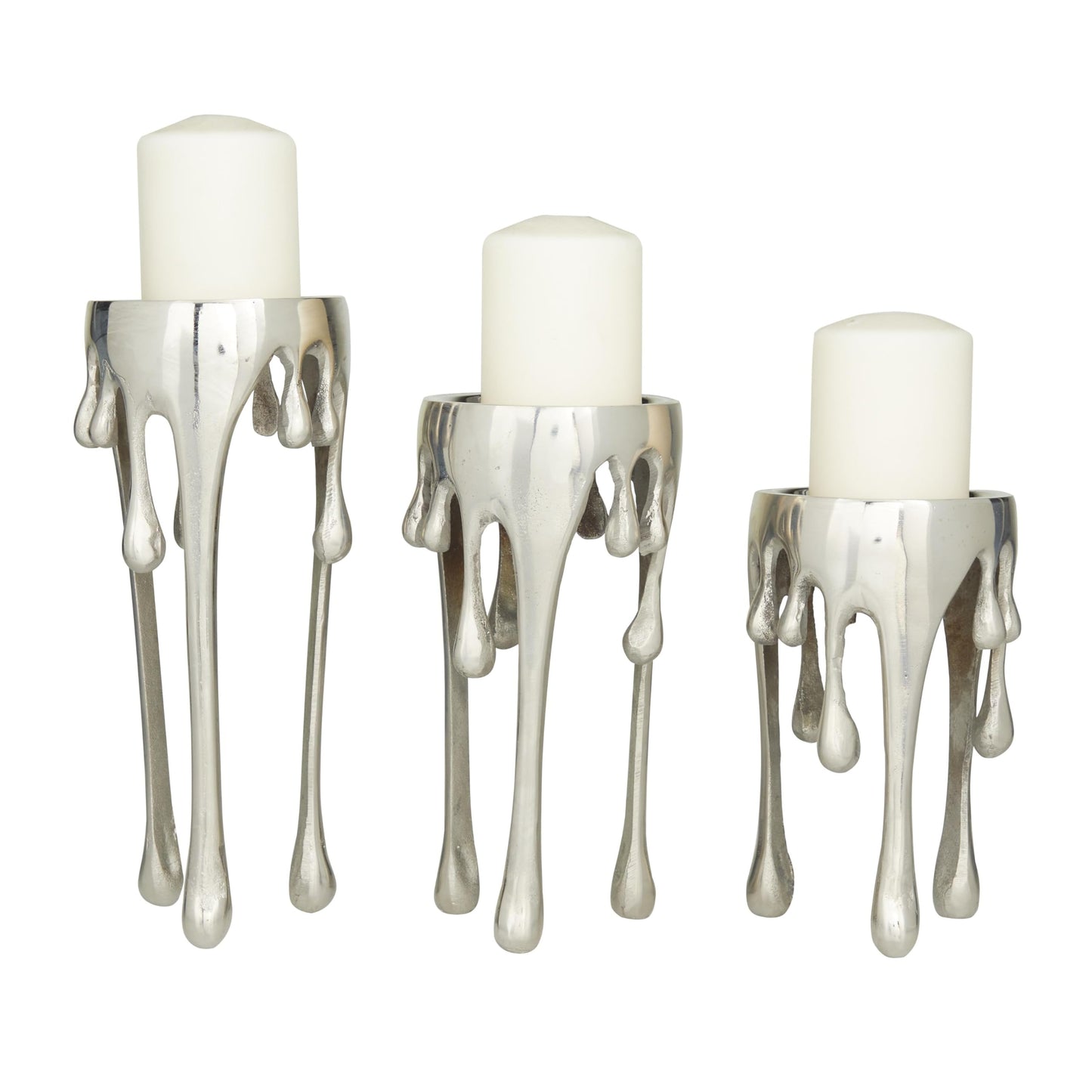 CosmoLiving by Cosmopolitan Aluminum Metal Abstract Decorative Candle Holder Melting Drip Candle Stand, Set of 3 Candlestick Holder 12", 10", 8"H, Silver