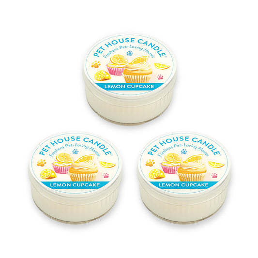 One Fur All Pet House Mini Candles for Pet Odor Made with Natural Soy Wax, Plant Based, Dog and Cat Friendly Scented Candles, Lemon Cupcake Pack of 3