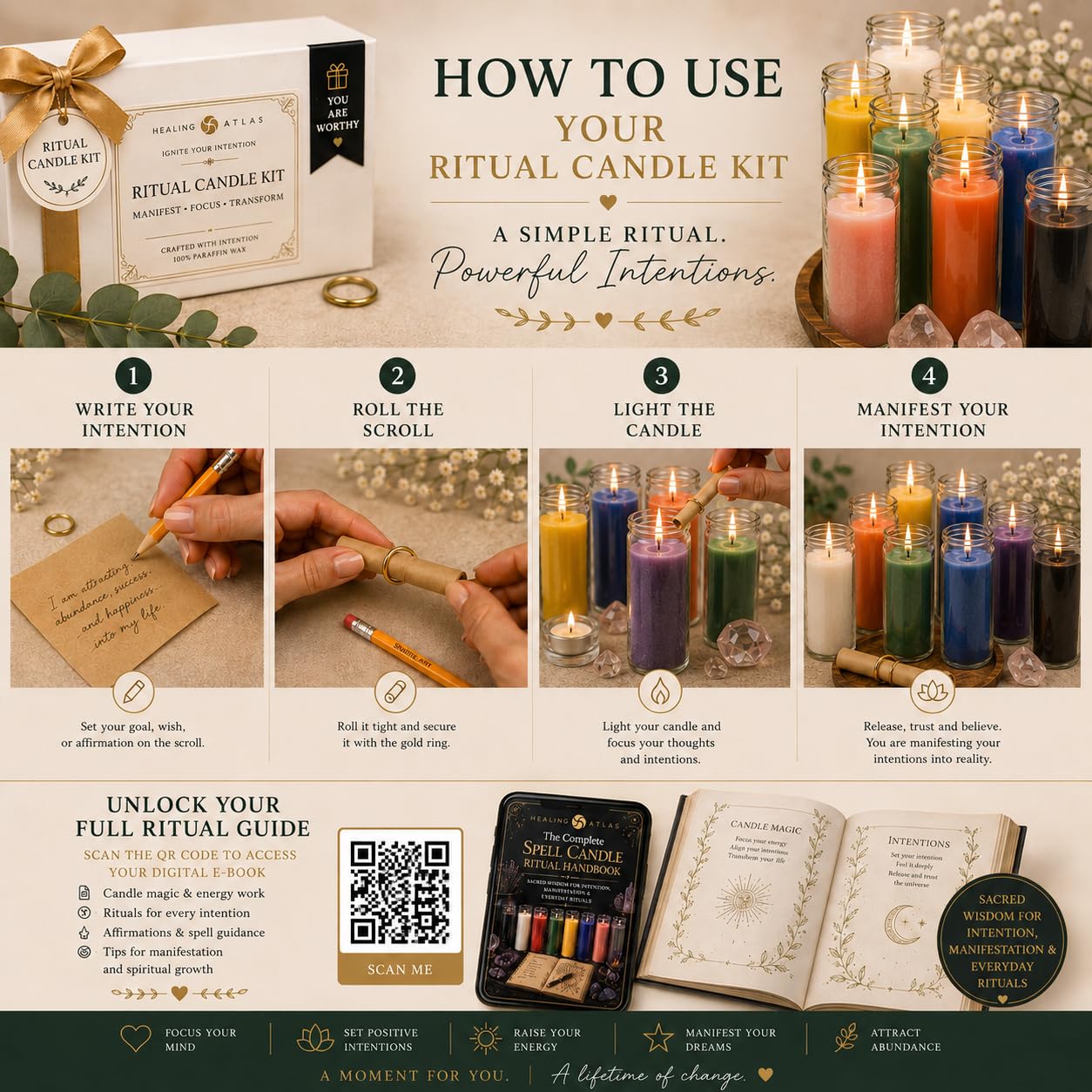 Red Passion Manifestation Candle Kit – 8" Ritual Prayer Candle with Intention Scrolls, Pencil & QR Guide for Passion, Confidence, Motivation & Strength