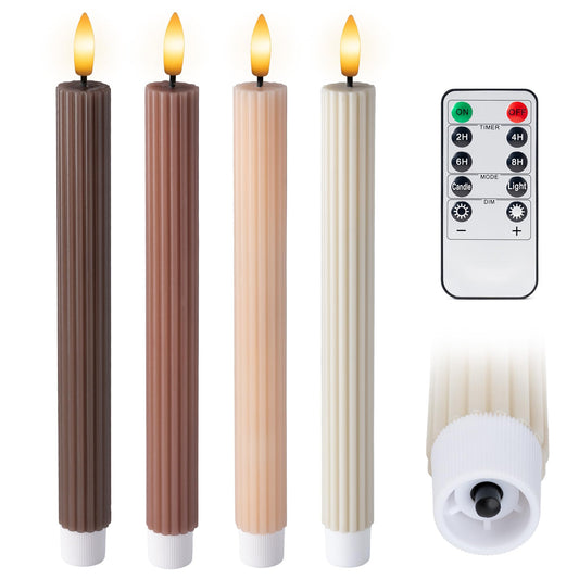 WYZworks Coordinated Chocolatey Mocha Brown 4 Pack, 10" Real Wax LED Flameless Fluted Ribbed Grooved Taper Candles, Remote & Timer Memory, On/Off Button, Dimmable, Battery Operated, Menorah Wedding