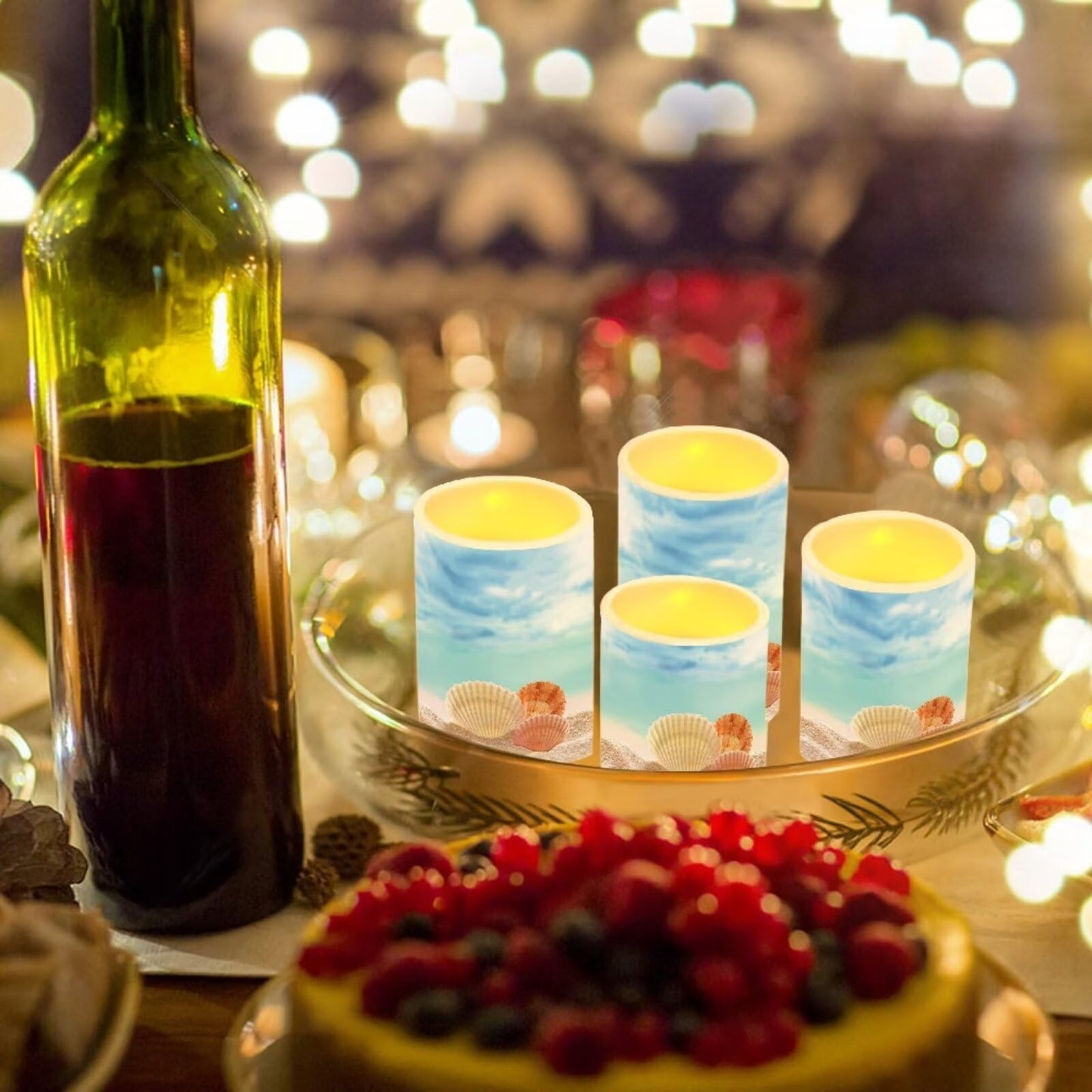 NETILGEN Flameless Candles with Remote Control, Set of 4, Color Changing Flickering Flameless LED Pillar Candles with Battery Operated, Beach Seashell Blue Decor
