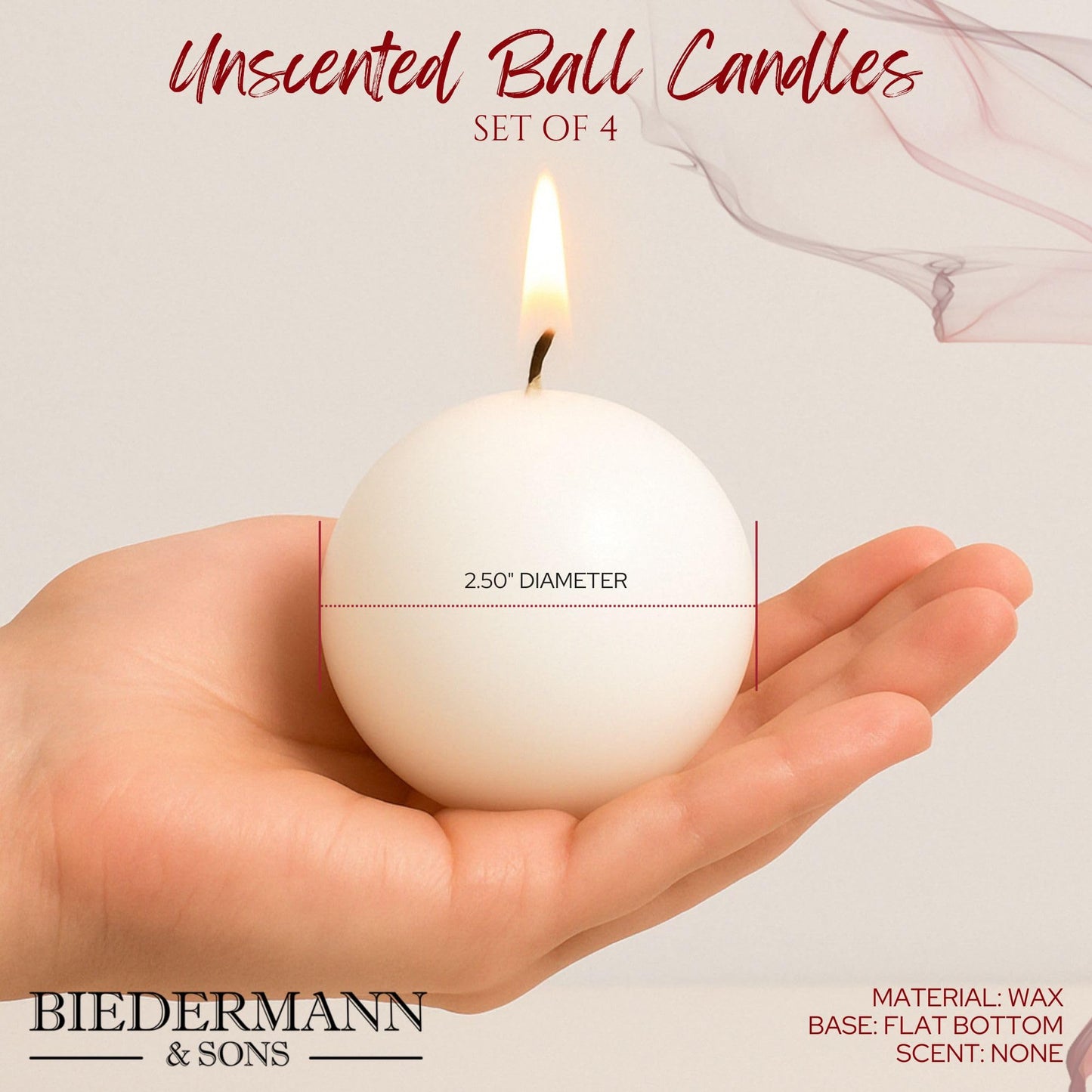 Biedermann & Sons 8-Hour Long Burning Unscented Round Ball Candles, Red, 2.5 Inch - Set of 4