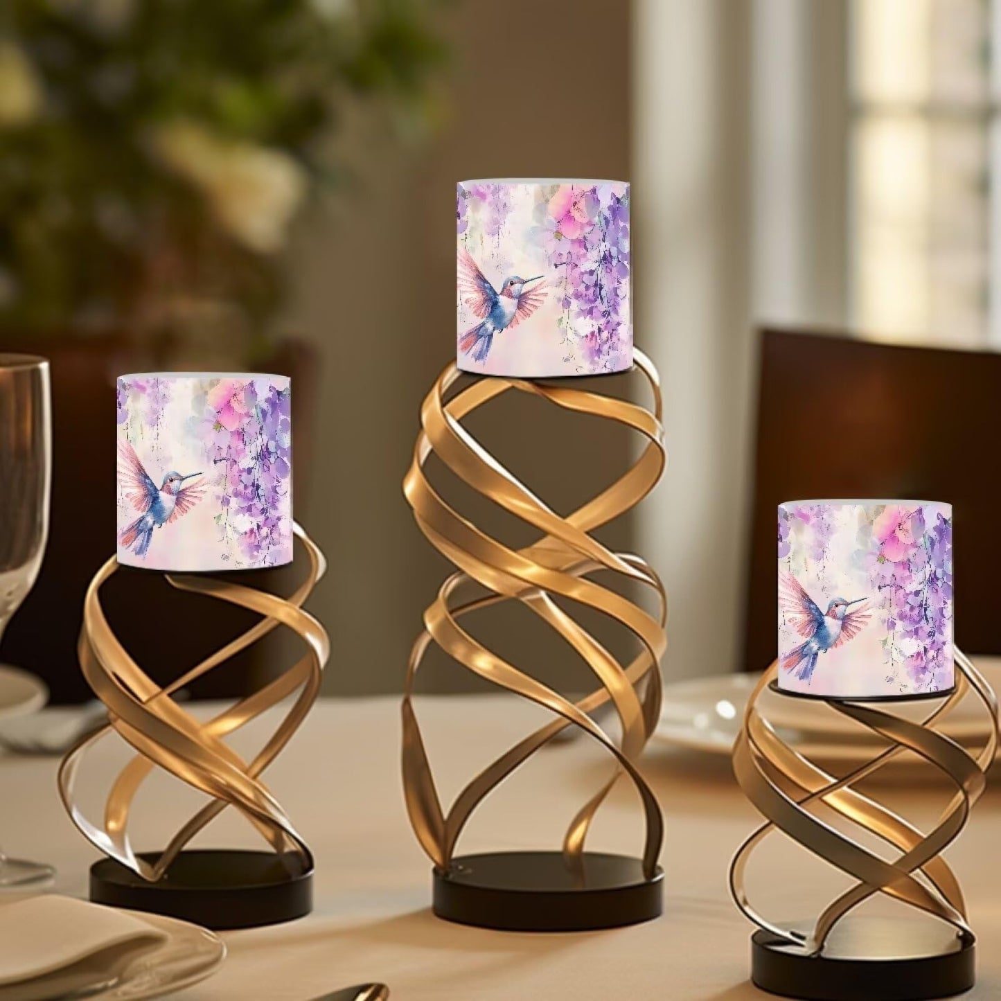 NETILGEN Purple Floral Hummingbird Flameless LED Candles Pack of 4 Color Changing Battery Operated Flickering LED Pillar Candles with Remote Timer Control