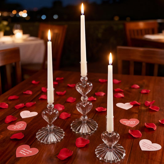 Mumufy 3 Pcs Valentine's Day Glass Candlestick Holders Heart Glass Taper Candle Holder Valentines Heart Candle Stick Vase Decor for Galentine's Day Wedding Festival Party Table Centerpiece(Clear)