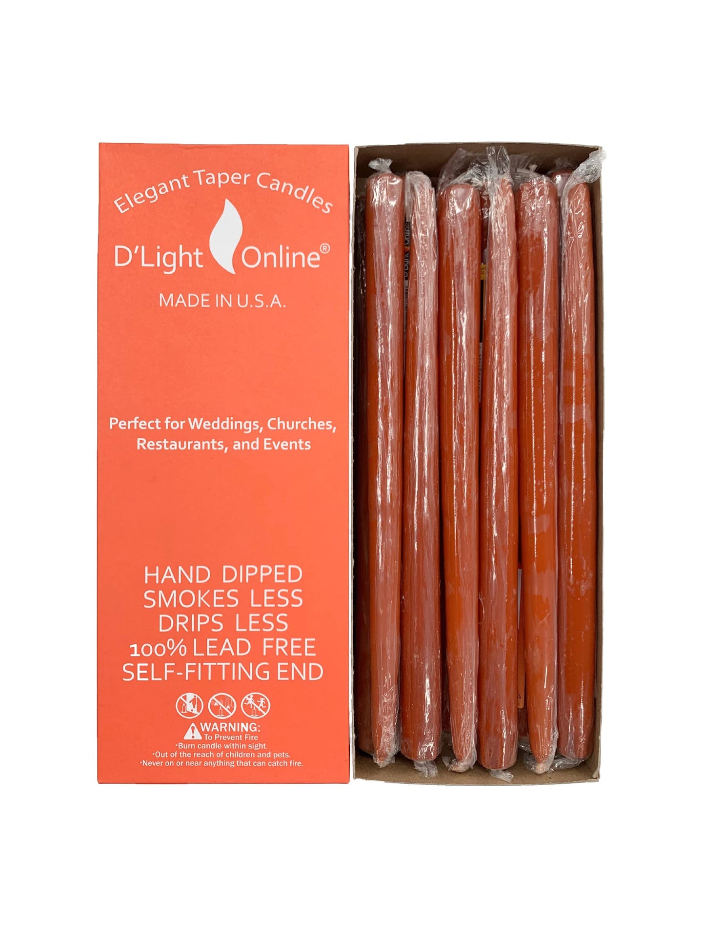 D'light Online Elegant 10" Unscented Cinnamon Burnt Orange Taper Candles, Premium Quality Hand-Dipped Tapered Candles, Dripless and Smokeless - Set of 12 Individually Wrapped (10 Inch, Cinnamon)