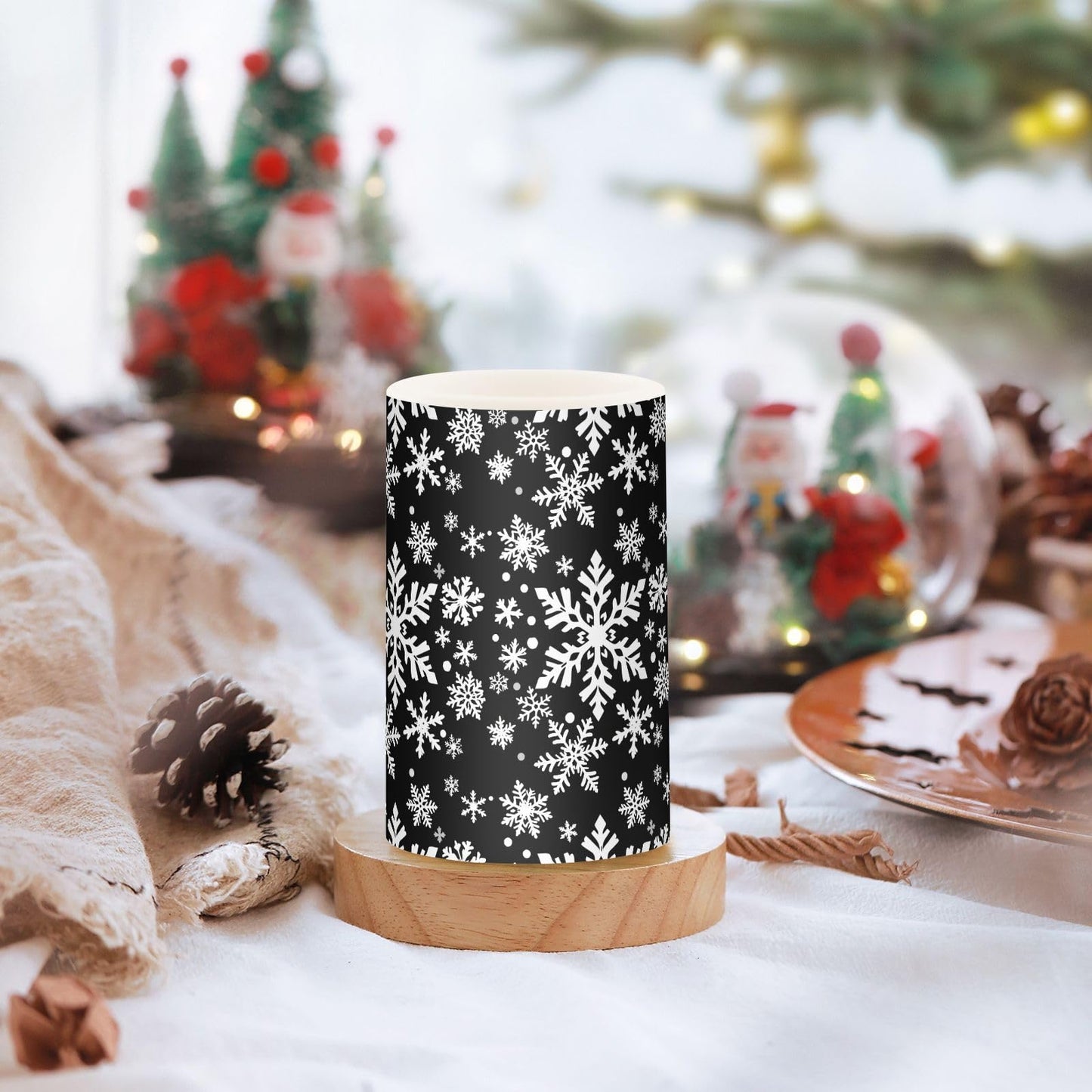 Pigsaly Flameless Candles Battery Operated White Black Texture Christmas Snowflakes Flickering Led Pillar Candles with Remote Control Colour Changing Warm Light Candles for Halloween Christmas Weddi