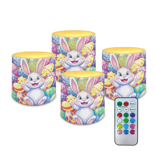 Merkmak 4 Pack Easter Day Flickering Flameless Candles with Timers Battery Operated LED Candles with Remote Tea Lights for Party Decorations, Cartoon Easter Egg Bunny