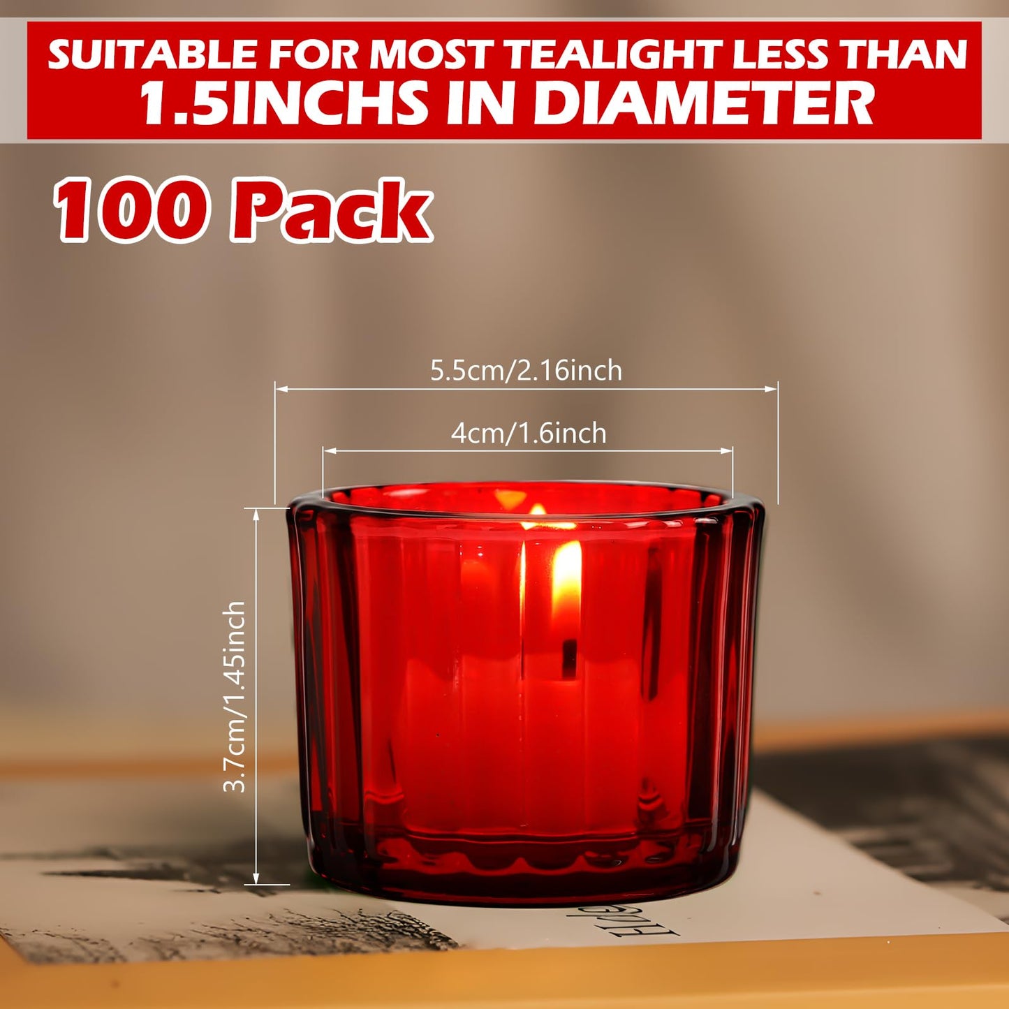 Mumufy 100 Pcs Glass Tealight Candle Holder Ribbed Votive Candle Holder for Centerpiece Wedding Proposal Spa Aromatherapy Meditation Home Decor (Red)