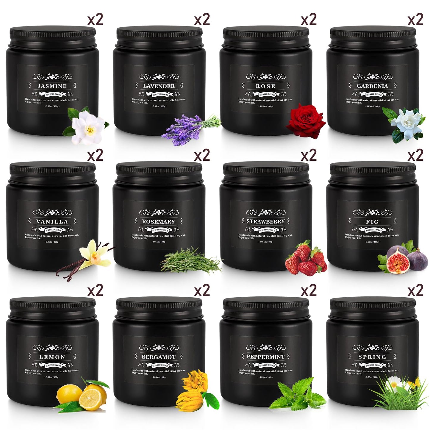 Scented Candle Set 24 Pack,Black, Candle for Home Scented, Odor Eliminating, Stress Relief, Long Lasting Soy Wax Gift Set