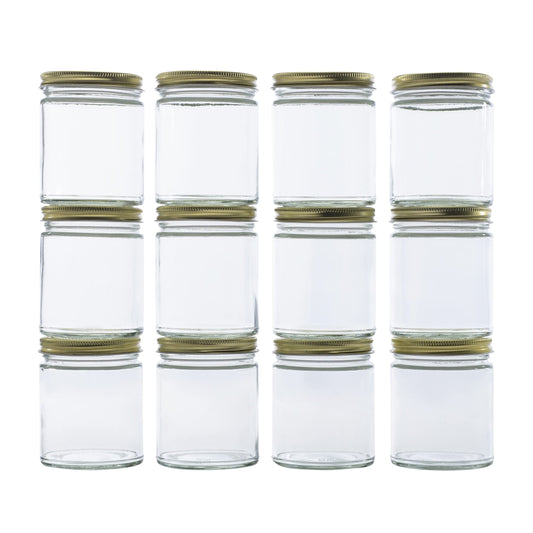 North Mountain Supply 9 Ounce Clear Glass Straight Sided Mason Canning Jars- With 70mm Gold Metal Lids - Case of 12