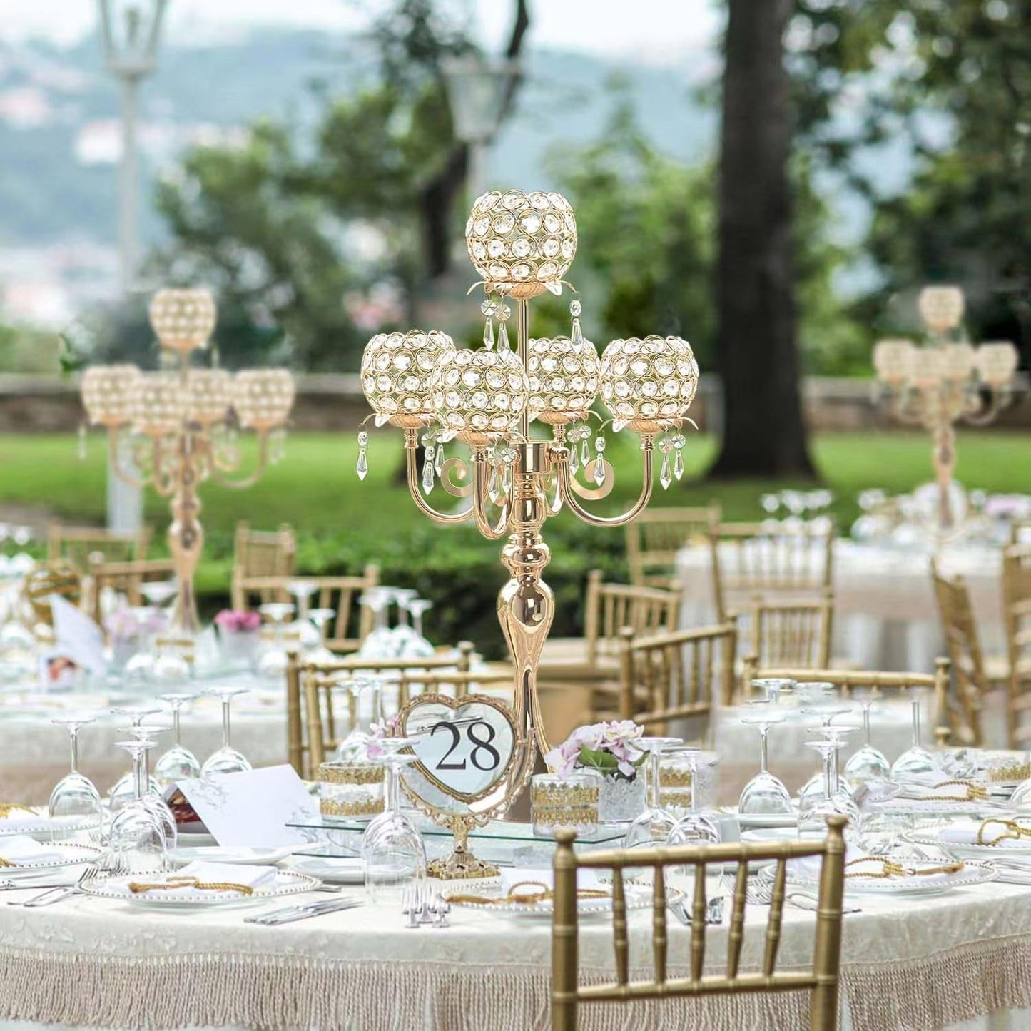 2 PCS Kehail Crystal Table Decoration Gold Candle Holder with Pendant, 5 Arm Candelabra Holder Beautiful Hollow Engraved Table Centerpiece for Christmas, Thanksgiving, Weddings, Holiday Parties