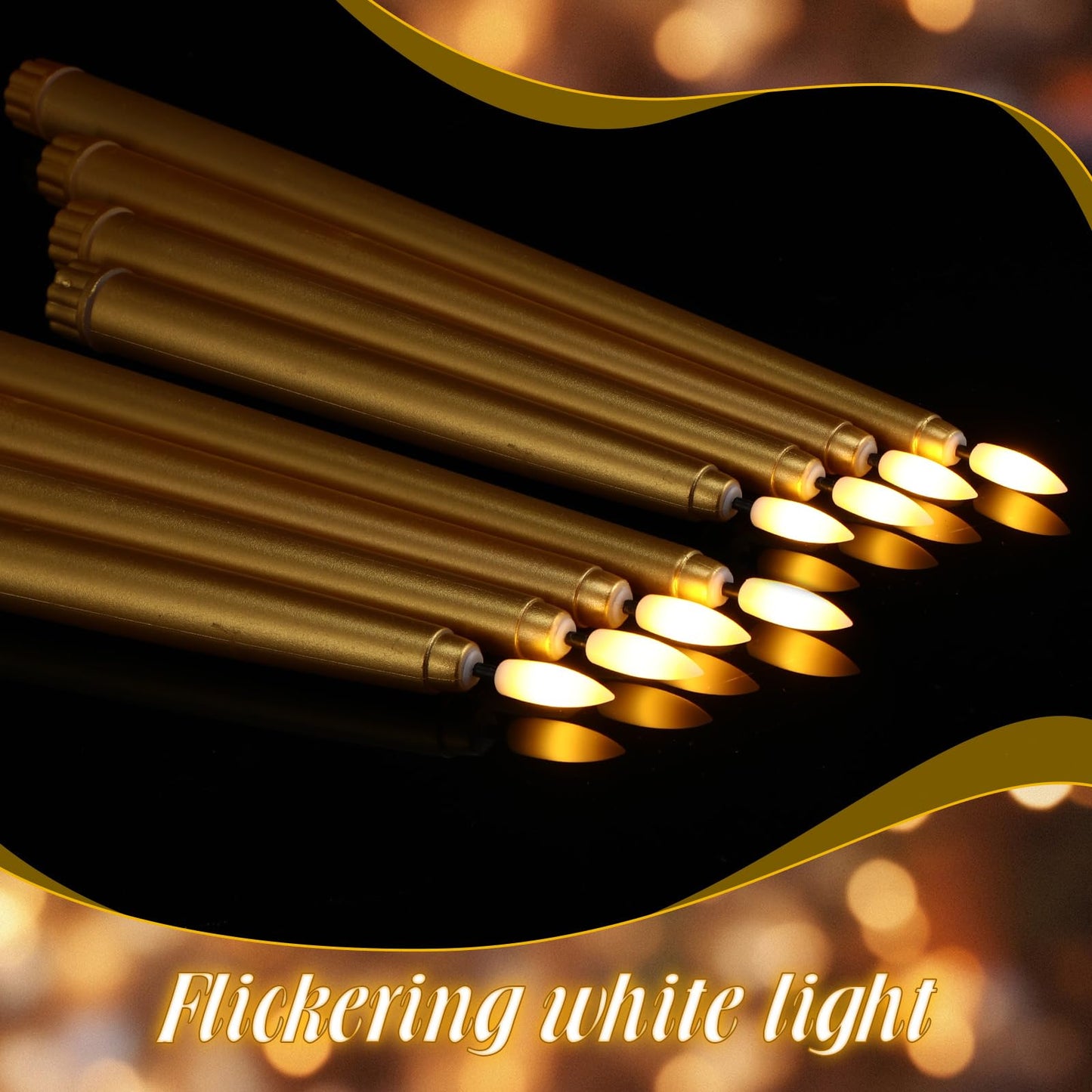 Rossesay 48 Pcs Flameless LED Taper Candles Battery Operated Candles 4 Sizes of 8.5'', 9.65'', 10.83'', 12.8'' Flameless Candlesticks Flickering for Halloween Christmas Church Wedding(Golden)