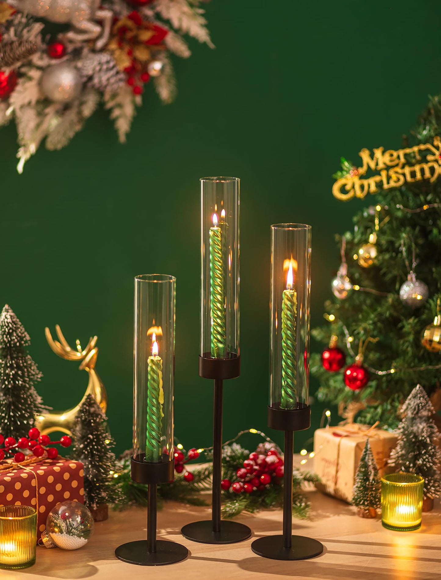 Romadedi Black Candlestick Holders Hurricane - Metal Taper Candle Holder Bulk Tall Windproof Glass Cylinder for Indoor Outdoor Table Centerpiece Christmas Halloween Modern Home Decor Set of 6