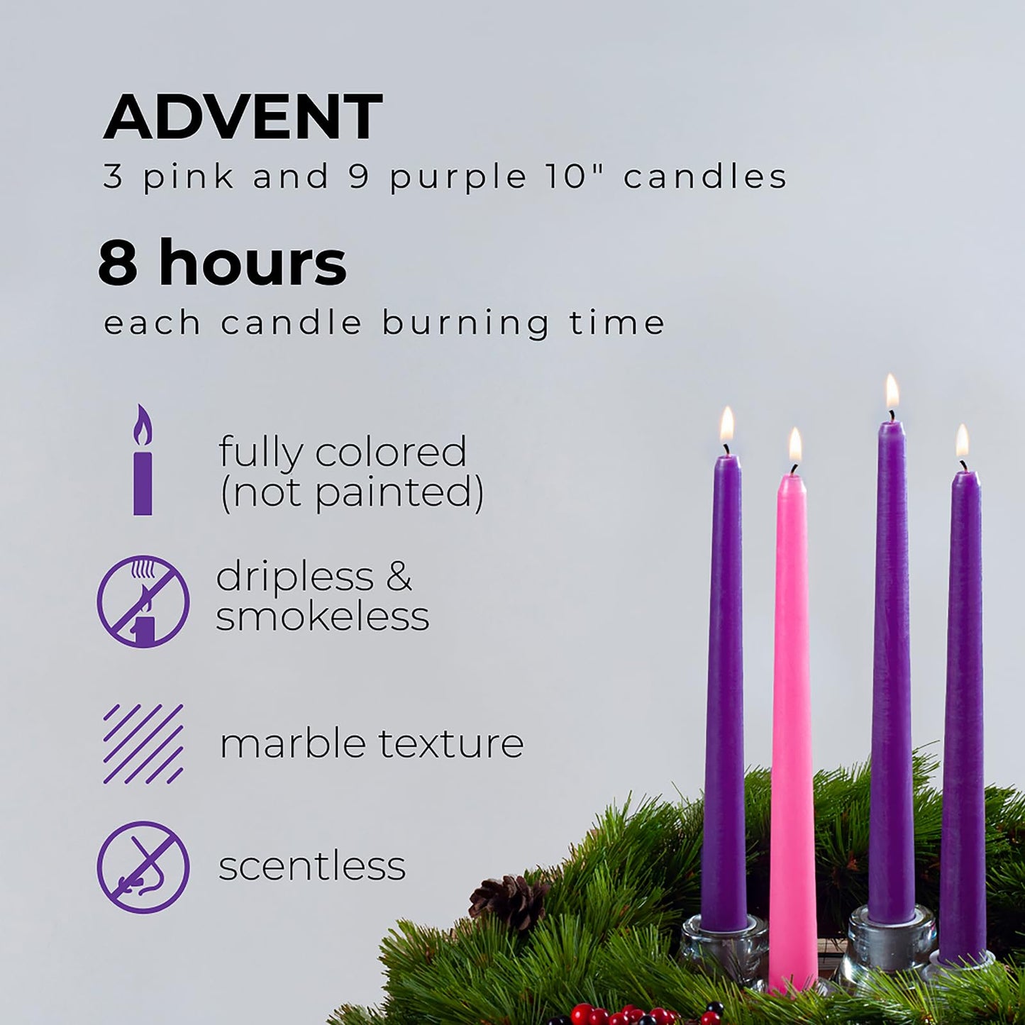 CANDWAX 10 Inch Advent Taper Candles Set of 12 - Long Burning Dripless Unscented Tapers - Perfect for Advent Wreaths, Christmas Décor - 9 Purple Tapers, 3 Pink Tapered Candles