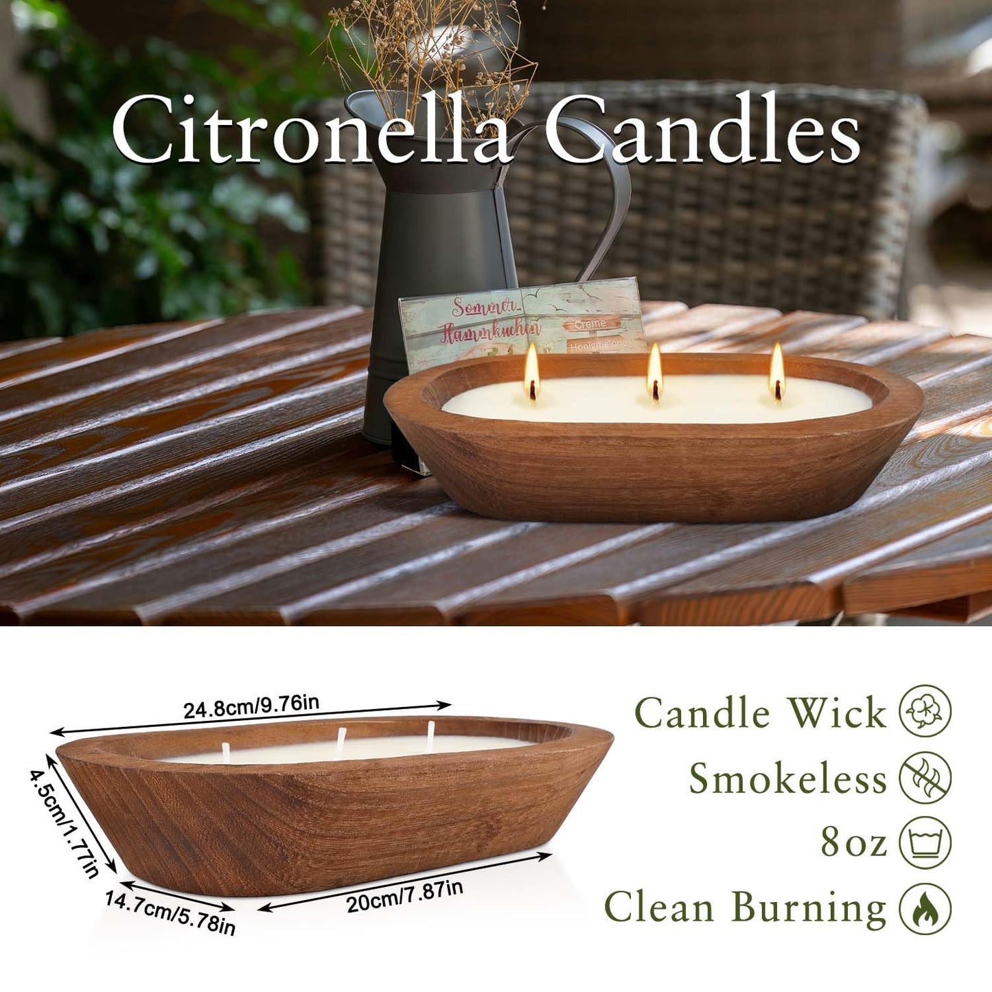 Citronella Candle in Wooden Bowl, 8oz Triple-Wick Smokeless Candle, Clean Burning Natural Citronella Scented Candle for Home Decor, Patio, Garden and Relaxation