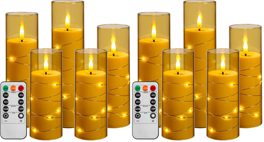 Da by Flameless Candle Light, Battery Candle with recessed String Lights, 5 flameless Candles with 11-Key Remote Control, 24-Hour Timer Function, Champagne Color (Pack of 2)