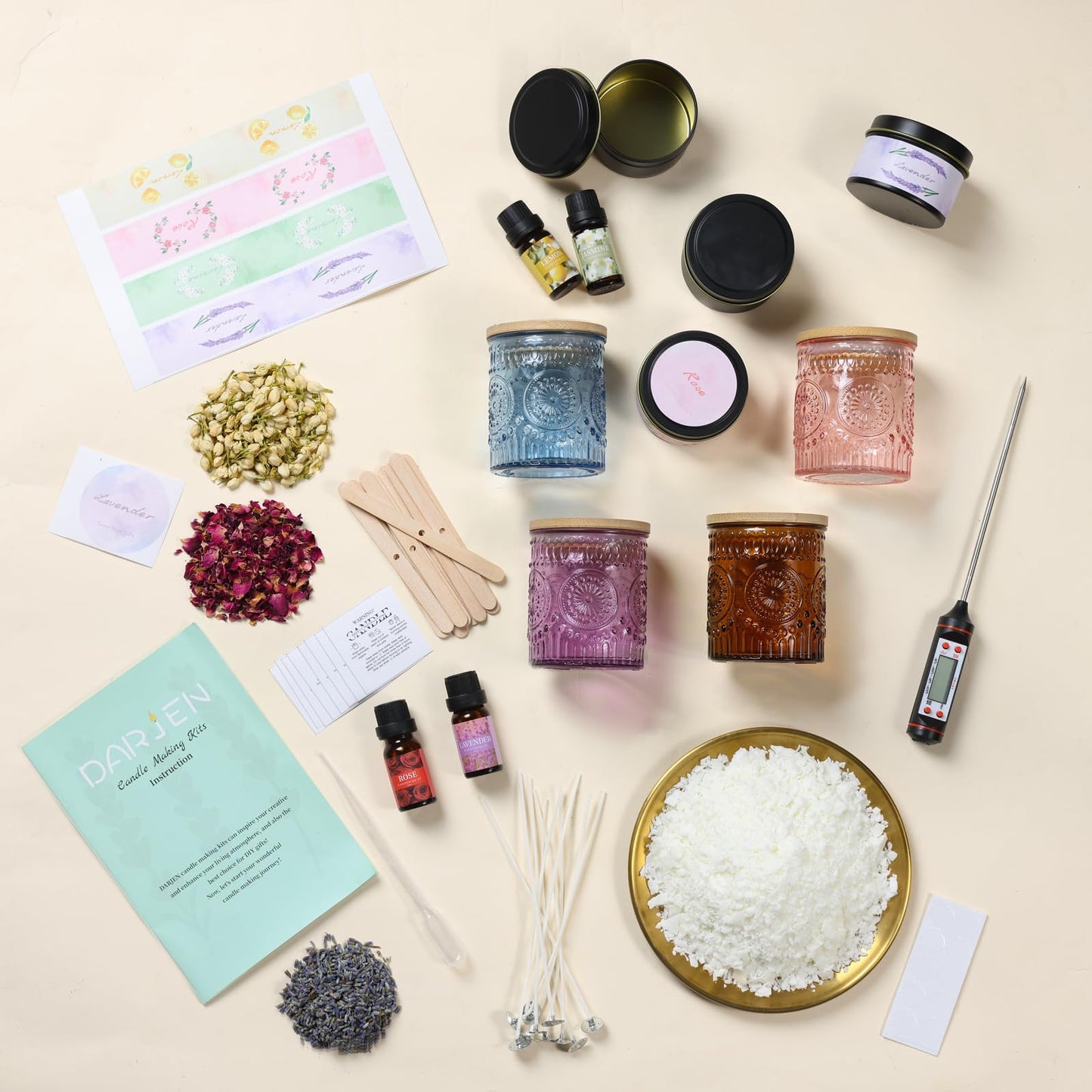 DARJEN Candle Making Kits - Soy Candles Making Supplies for Adults Including 4 Candle Jars(Amber, Pink, Blue, Purple), Candle Tins, Wax, Scents, Dried Flower & More, DIY Arts & Crafts Kits Home Decor