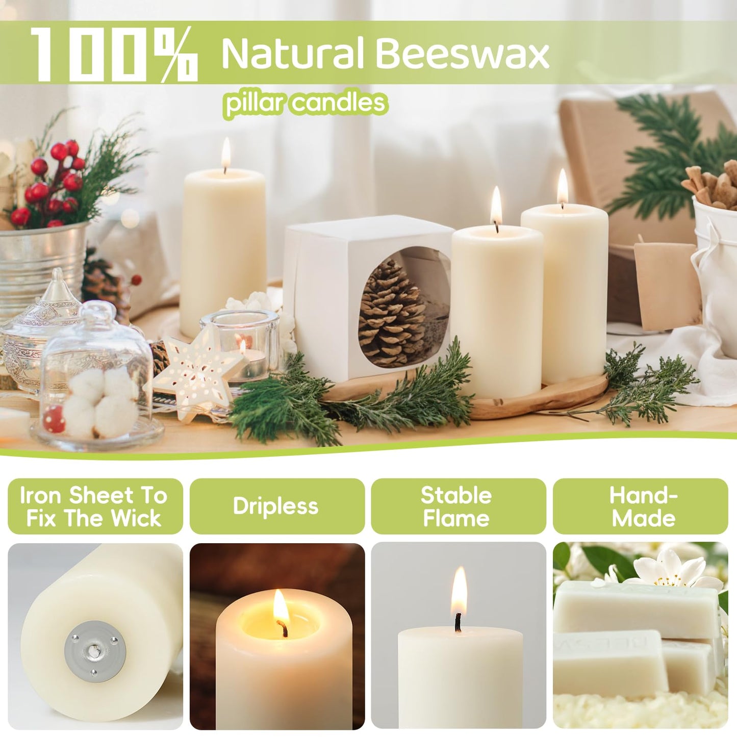 Beeswax Pillar Candles,86 Hours Long Burning Pure Off-White Beeswax Candles,Unscented Bees Wax Candles for Home,Prayer,Dripless Smokeless Organic 100% Beeswax Candles Bulk 2x4in-2pack