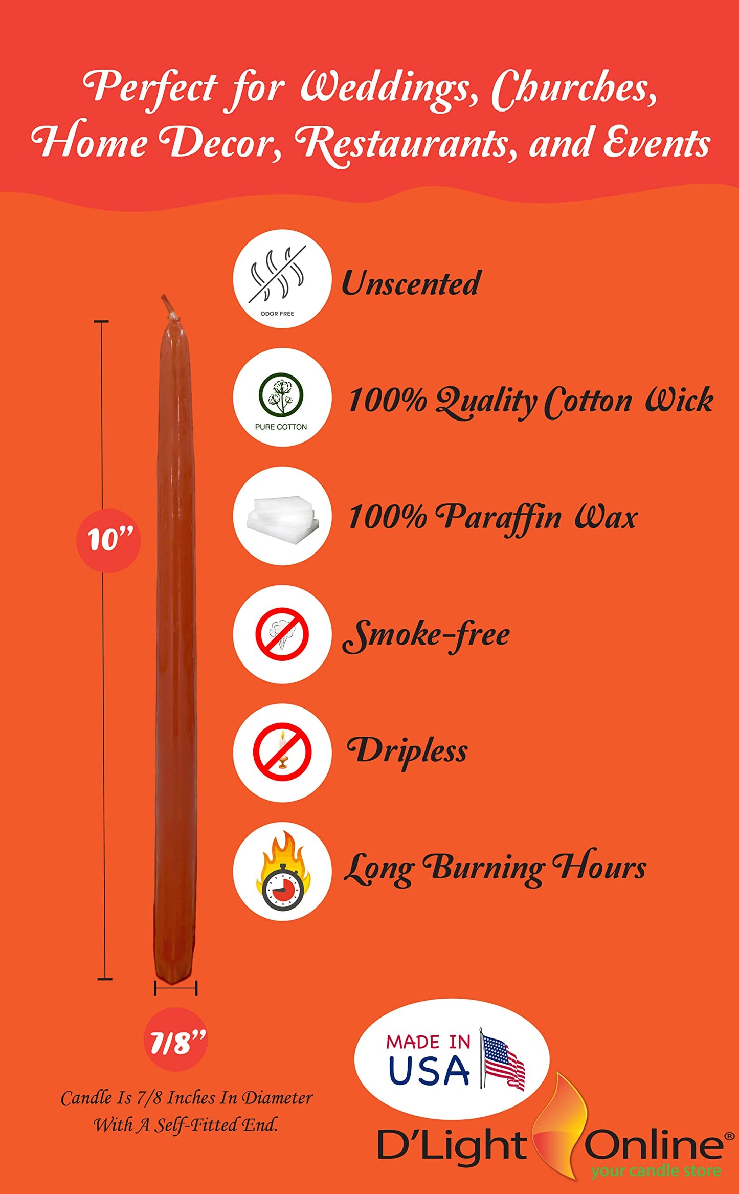 D'light Online Elegant 10" Unscented Cinnamon Burnt Orange Taper Candles, Premium Quality Hand-Dipped Tapered Candles, Dripless and Smokeless - Set of 12 Individually Wrapped (10 Inch, Cinnamon)