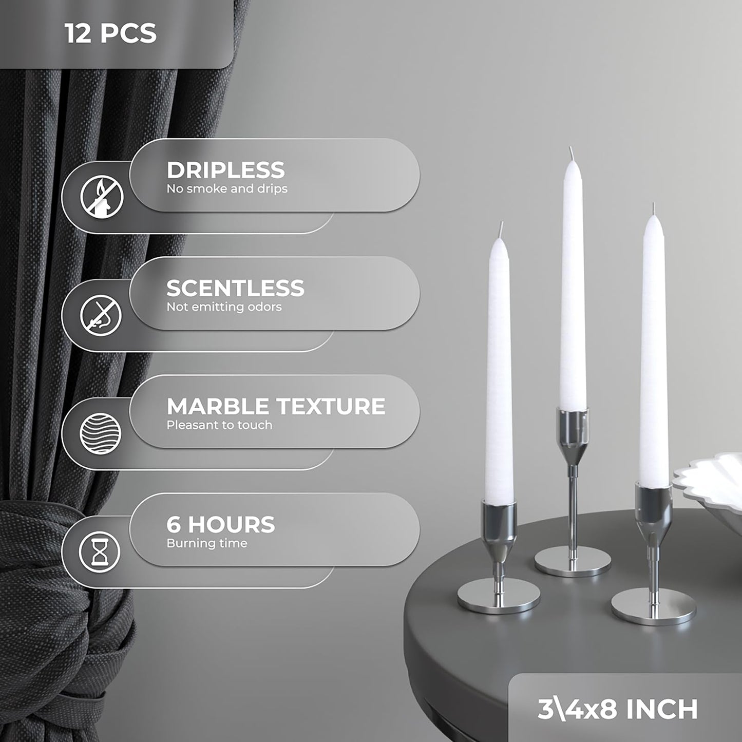 CANDWAX 8 inch White Taper Candles - Set of 12 White Candle Sticks Ideal for Christmas Decorations - Unscented Dripless Smokeless Long Burning Candlesticks - Tapered Christmas Candles for Home Decor