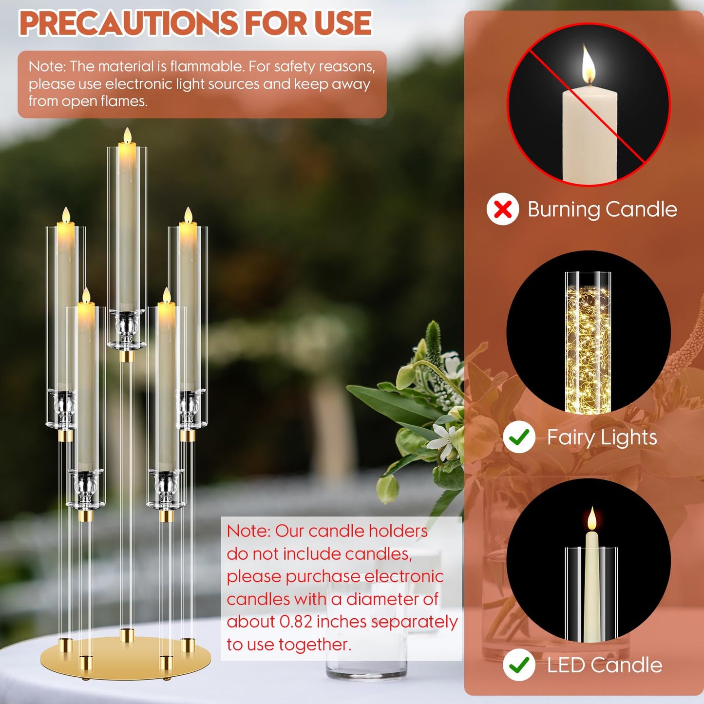 4 Set 5 Arm Acrylic Candle Holder, Mjkeomo 26'' Tall Candelabra Centerpieces for Tables Clear Candlesticks Holder with Lampshade for Housewarming Gift Fireplace Dinner Decor Fit 0.82'' LED Candle