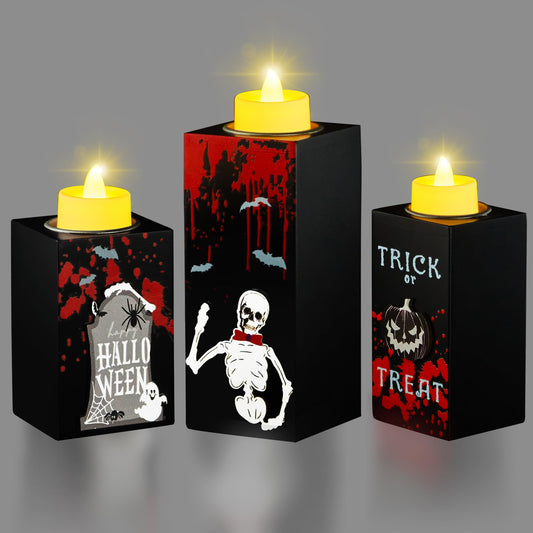 BlcTec Halloween Decorations, 3 PCS Halloween Wood Candle Holders with LED Tea Lights & 3D Carving Craft, Spooky Wood Candle Centerpieces for Home, Table, Office, Tiered Tray, Shelf Décor, Black Color