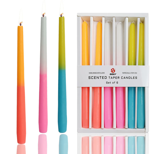 Pastel Taper Candles Set of 6 Rose Scented Candle Sticks Hand Poured Smokeless Two Tone Double Color Design 10 inch Long Candle for Wedding Dining Housewarming Gift Holiday Home Decor