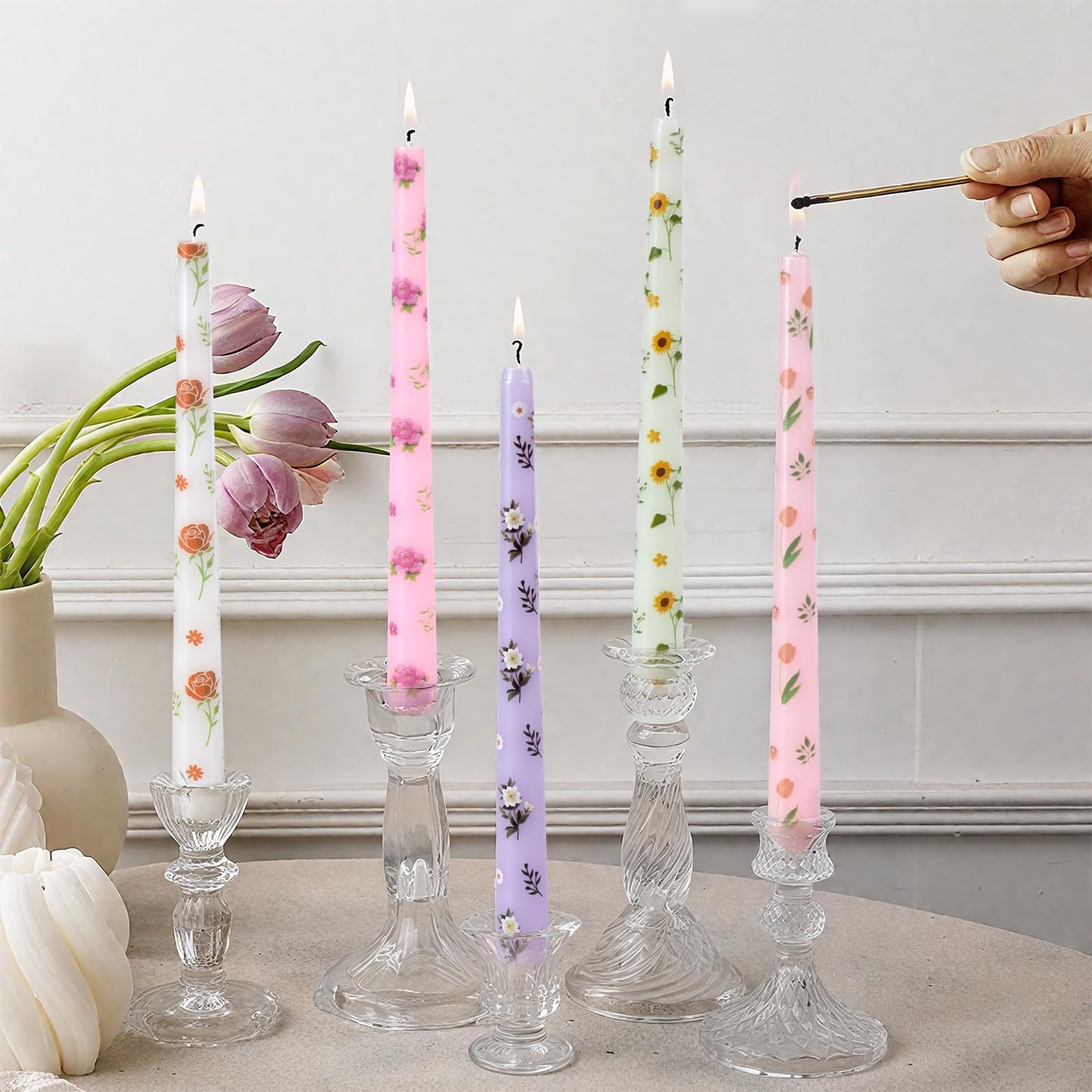 Taper Candles,10 inch 2pc Purple Tapered Candles with Camellia Printed, Unscented and Smokeless Long Burning Candles,Tall Candlesticks with Cotton Wicks,Ideal for Weddings, Home Décor