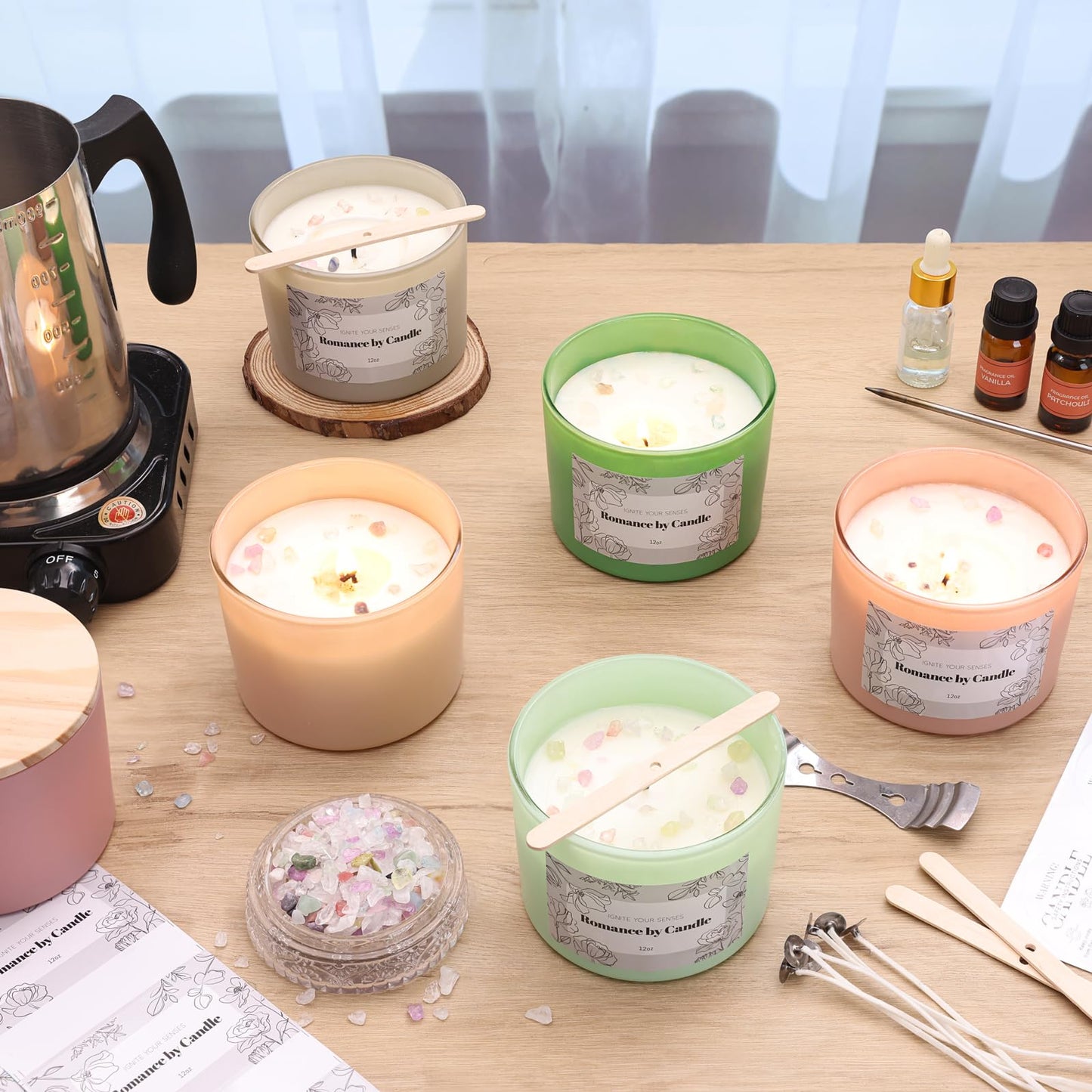REISEN 6Pcs Assorted Pink Candle Jars for Making Candles, 12oz Empty Candle Jars with Bamboo Lids,Labels and 100g Crystal Rocks, Glass Jars for Candle Making Supplies, Candle Containers for DIY Gifts