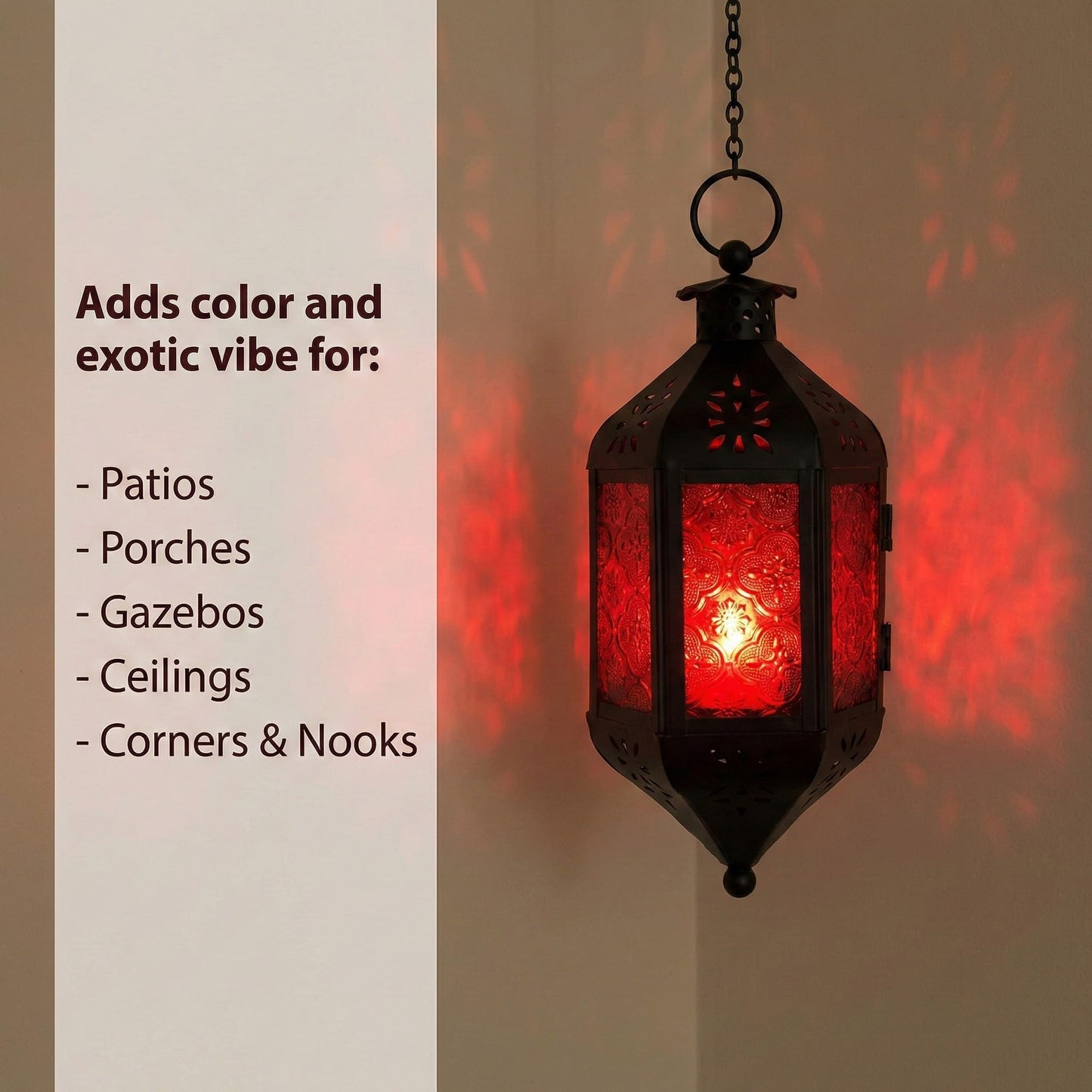 Vela Lanterns Hanging Moroccan Lamp - Exotic Decorative Patio & Porch Decor, Indoor Outdoor Tea Light Candle Lantern Holder with Chain (11" Medium, Red Glass)
