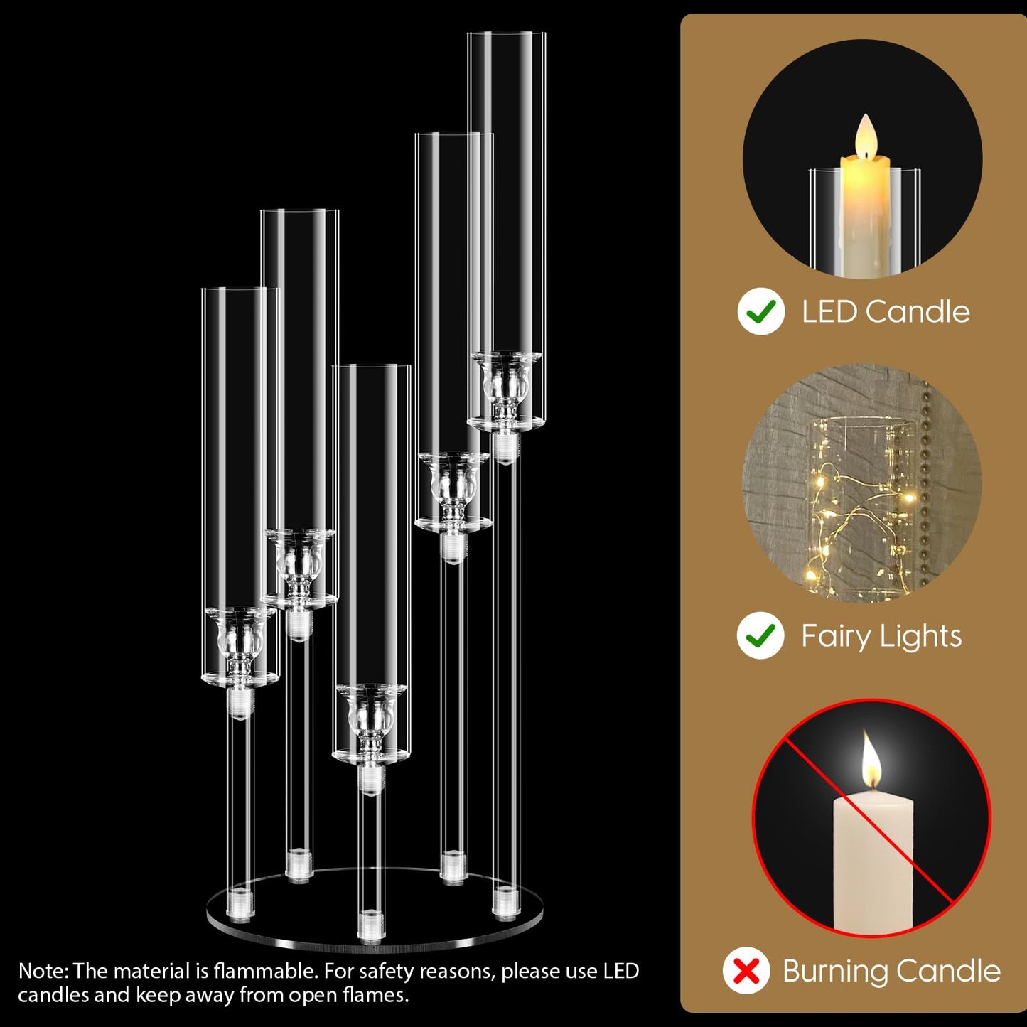 5 Arm Acrylic Candelabra Centerpieces for Tables,8 Sets Clear Candle Holder for Wedding,Home Decor,Table Decorations,22.8" Tall Candlestick Holders with Lampshade, Fits LED Candle