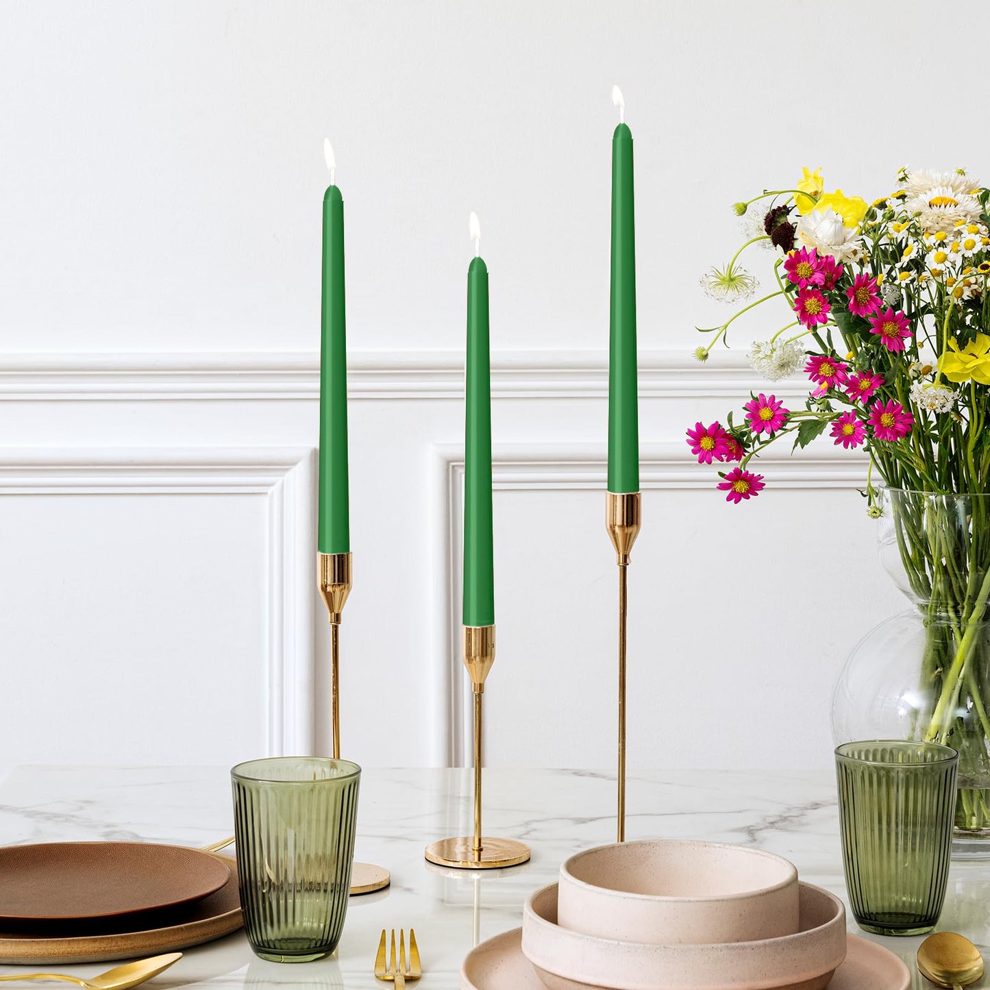 4 Pack Taper Candles - Taper Candles 10 Inch Dripless, Smokeless & Unscented - 8 Hours Long Burning - Hand Poured Tall Candlesticks - Ideal for Weddings, Dinner Parties (Green, 4 Pack Taper Candle)