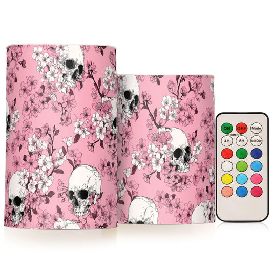 Pigsaly Flameless Candles Battery Operated Pink Cherry Blossoms White Skulls Flickering Led Pillar Candles with Remote Control Colour Changing Warm Light Candles for Halloween Christmas Wedding