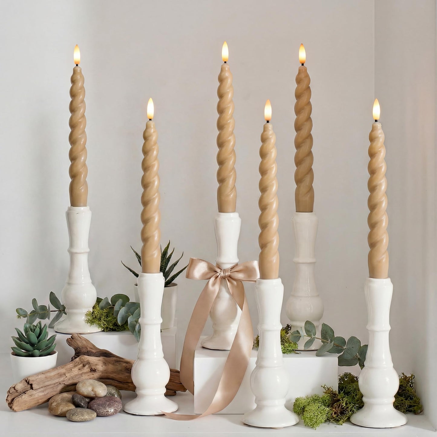 West Ivory Full Twisted Spiral Flameless LED Taper Candles – Light Tan, Set of 6 – 2/4/6/8-Hr Timer (24-Hr Memory), Remote, Dimmable, Bottom On/Off Button, Flicker/Steady, Battery Operated