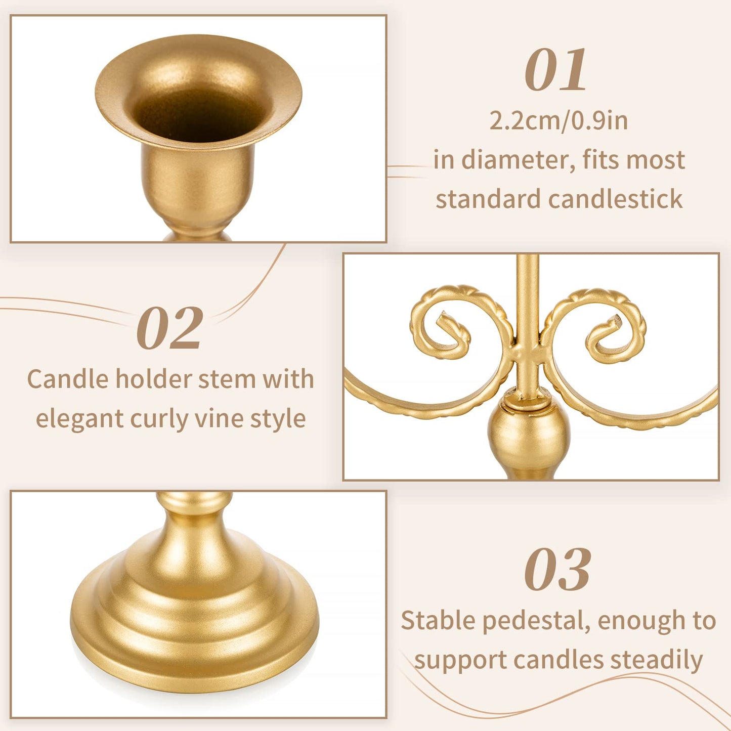 Sziqiqi Gold Taper Candle Holder for Centerpiece - 3-arm Candlesticks Holder for Wedding Table Centerpieces Metal Candle Stick Holders for Fireplace Mantle Set of 6