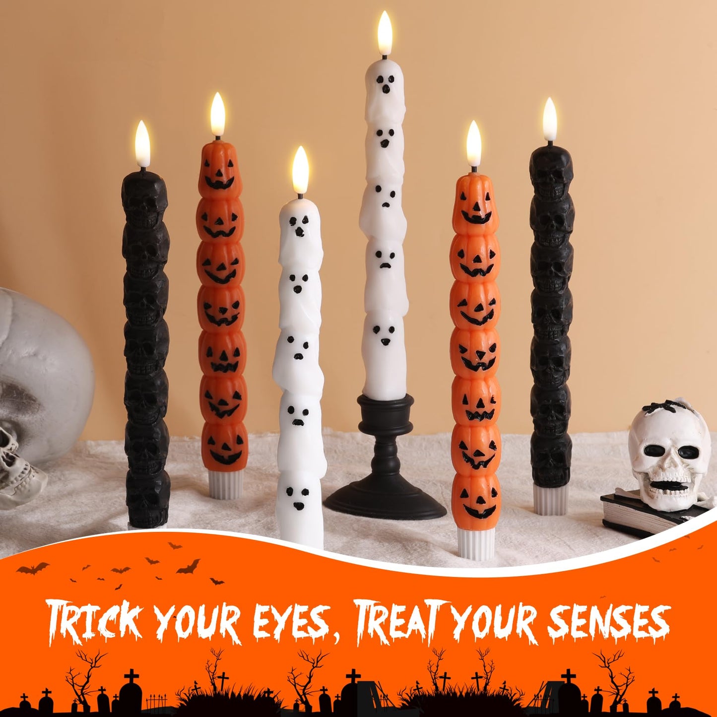 Eywamage Halloween Flameless Taper Candles with Remote, Spooky Black Skull LED Candlesticks Battery Operated Flickering Real Wax Set of 2