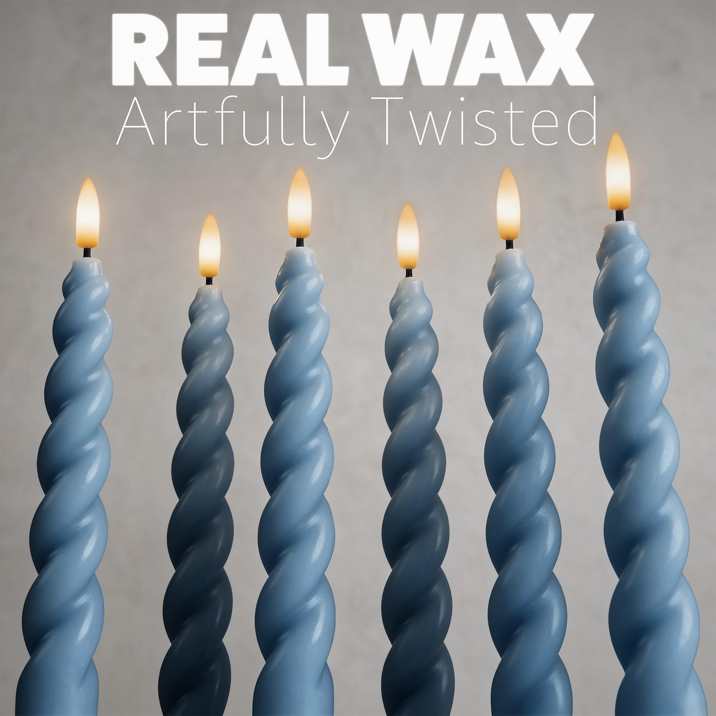 West Ivory Full Twisted Spiral Flameless LED Taper Candles – Dusty Blue, Set of 2 – 2/4/6/8-Hr Timer (24-Hr Memory), Remote, Dimmable, Bottom On/Off Button, Flicker/Steady, Battery Operated