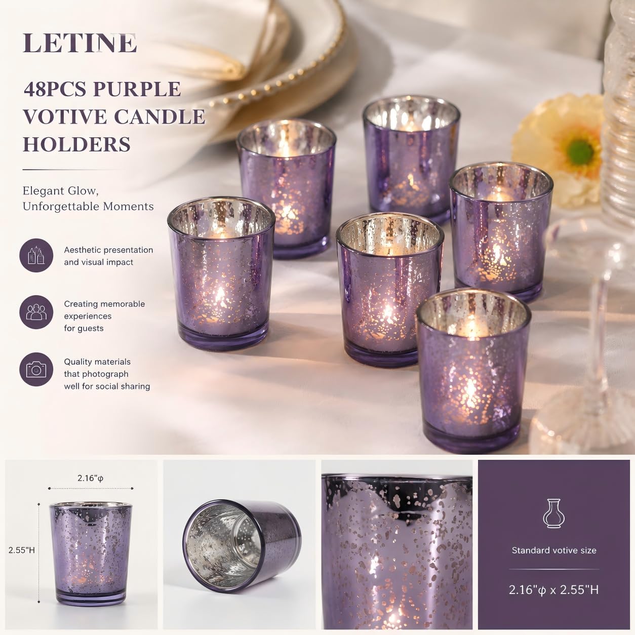 LETINE 48pcs Purple Votive Candle Holders – Glass Tea Light Candles Holder, Standard Votive Size for Regular Votive Candles & Wax Tea Light – Bulk Candle Holder for Party Decoration, Bridal Shower