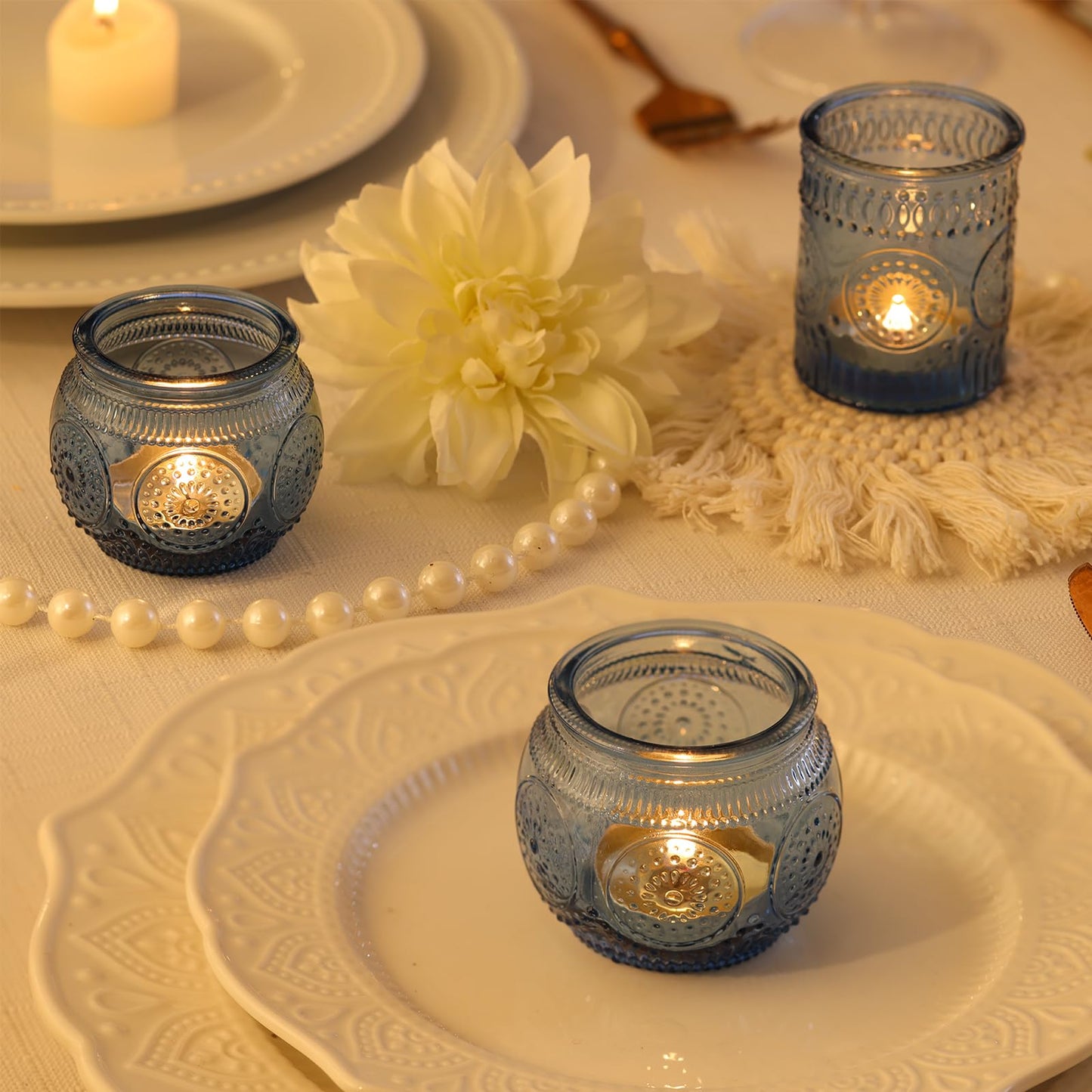 DARJEN 12Pcs Blue Votive Candle Holders - Votive Candle Holders Bulk, Glass Candle Holder for Party Decoration, Tea Lights Candle Holders for Wedding