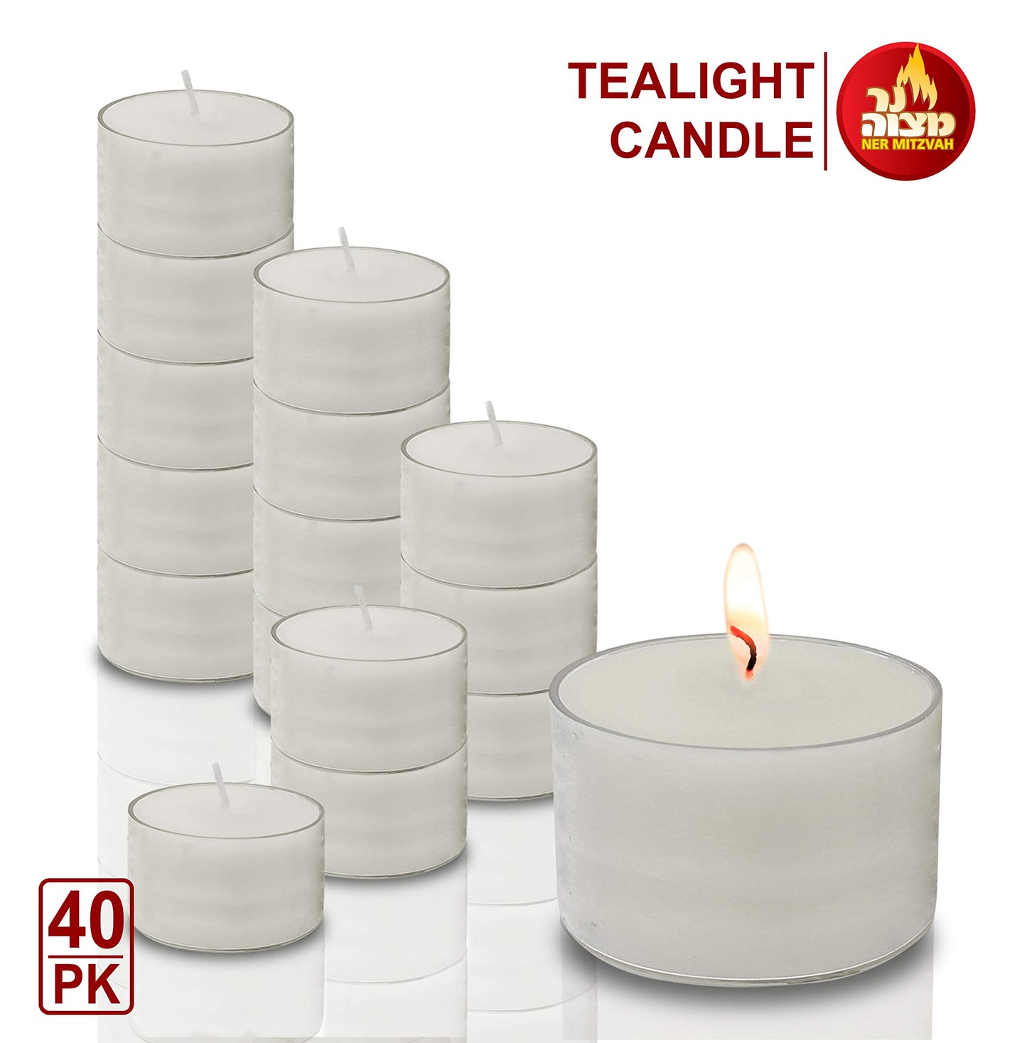 Ner Mitzvah Long Burning Tealight Candles - 8 Hours - White in Clear Cups - Unscented - 40 Pack - Made in EU