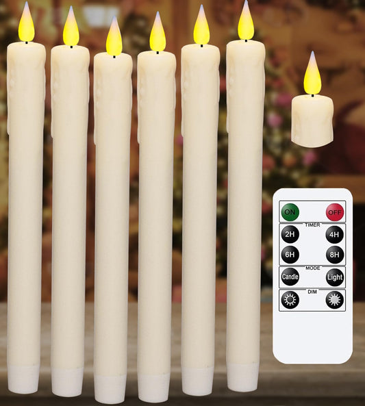 KSWING Upgraded Real Wax LED Flameless Taper Candles with Remote, 6 PCS White Dripping Candlesticks Battery Operated 3D Flickering - 9.6" Long Realistic Fake Candle Sticks for Home/Wedding/Xmas Decor