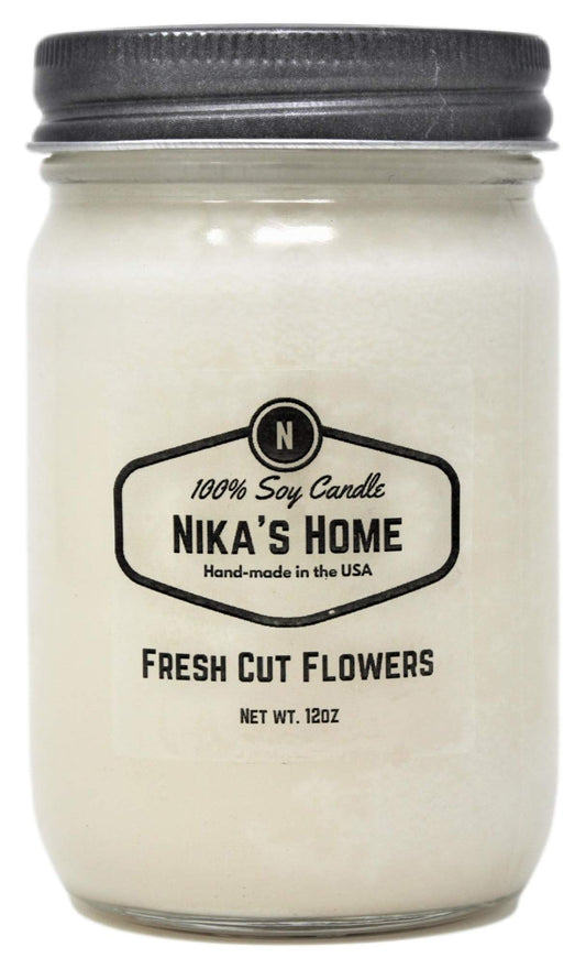 Nika's Home Fresh Cut Flowers Soy Candle - 12oz Mason Jar - Non-Toxic - Hand Poured in The USA, Long Burning 50-60 Hours Highly Scented All Natural, Clean Burning