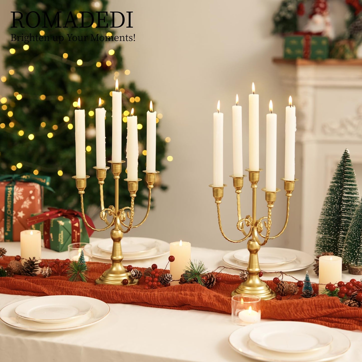 Romadedi Candelabra Gold Candle Holders - 5 Arm 11.8" Wedding Candlestick Holder for Theme Party Table Centerpiece Decor Dining Room Birthday Holiday Christmas, Set of 6