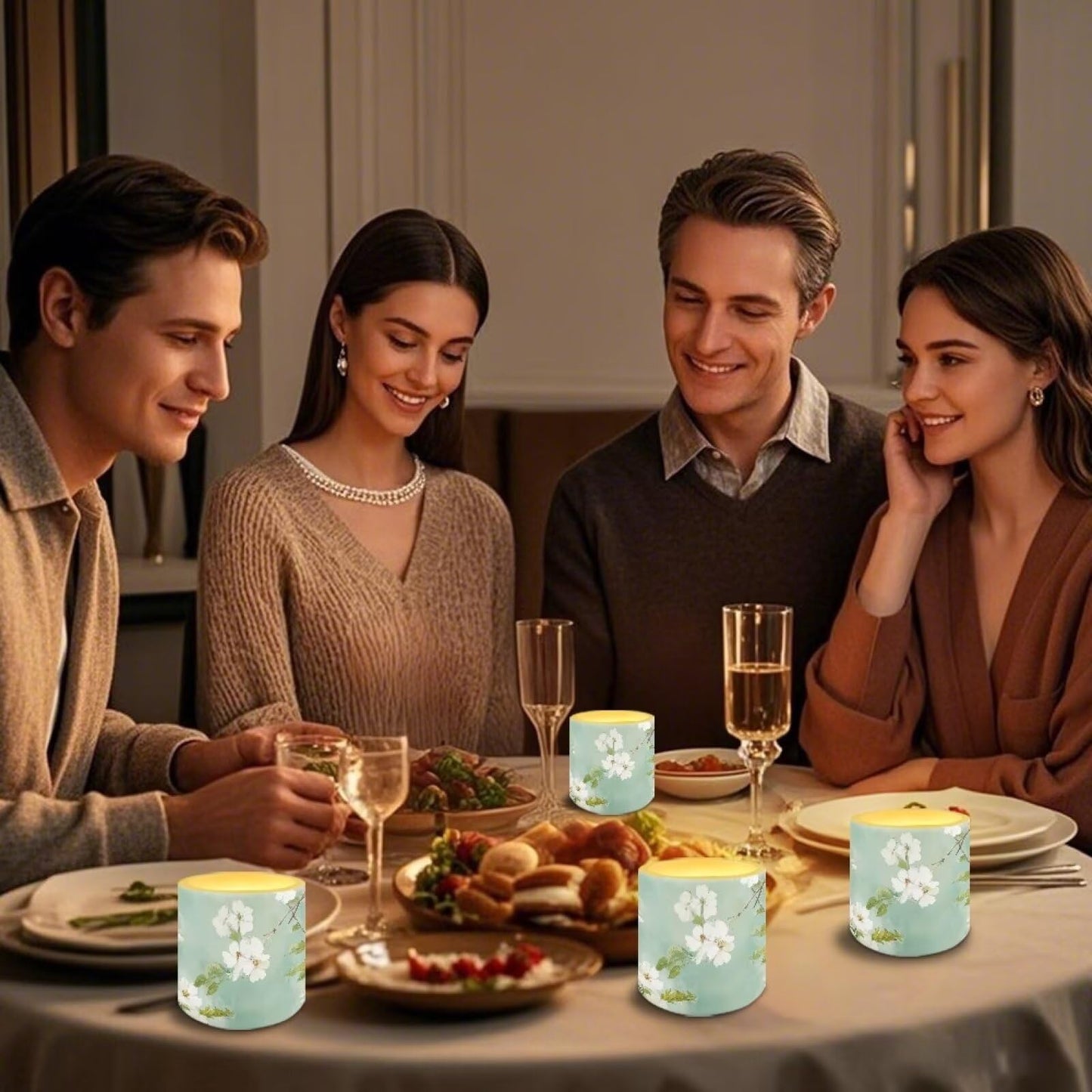 Cozeyat Mint Floral Flameless LED Candles 4 Pack Battery Operated with Remote Control Timer Pillar Candles Waterproof for Home Garden Use