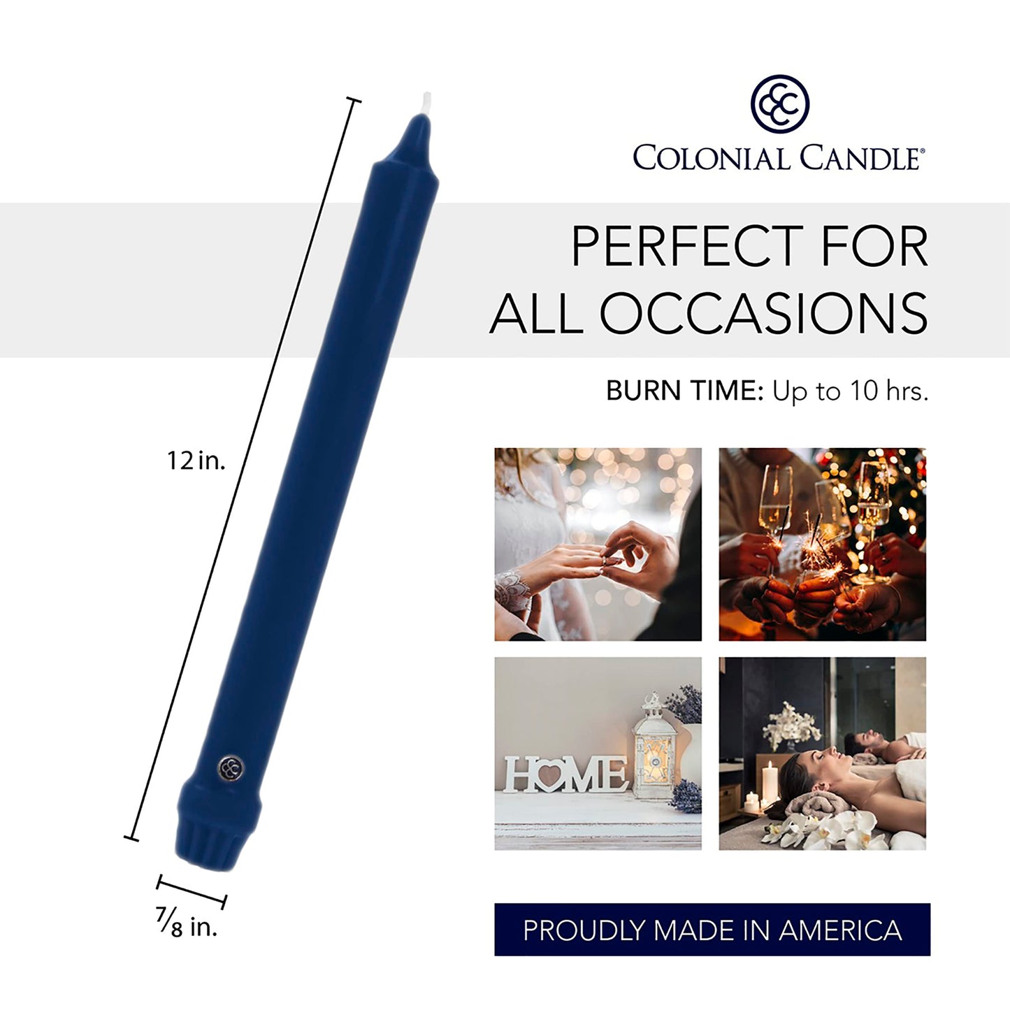 Colonial Candle Unscented Taper Candle, Classic Collection, Indigo, 12 In, Pack of 12 - Up to 10 Hours Burn