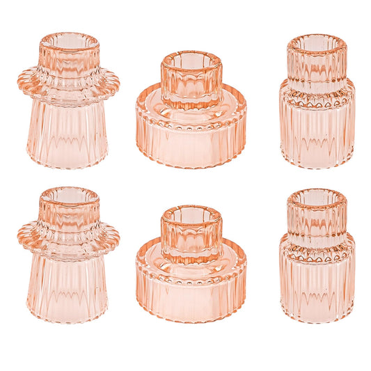 Double Sided Vintage Ribbed Taper Glass Candle Holders,Tea Candle Holder for Table Centerpieces, Wedding Decorations and Dinner Parties (Orange Pink, 6 PCS)