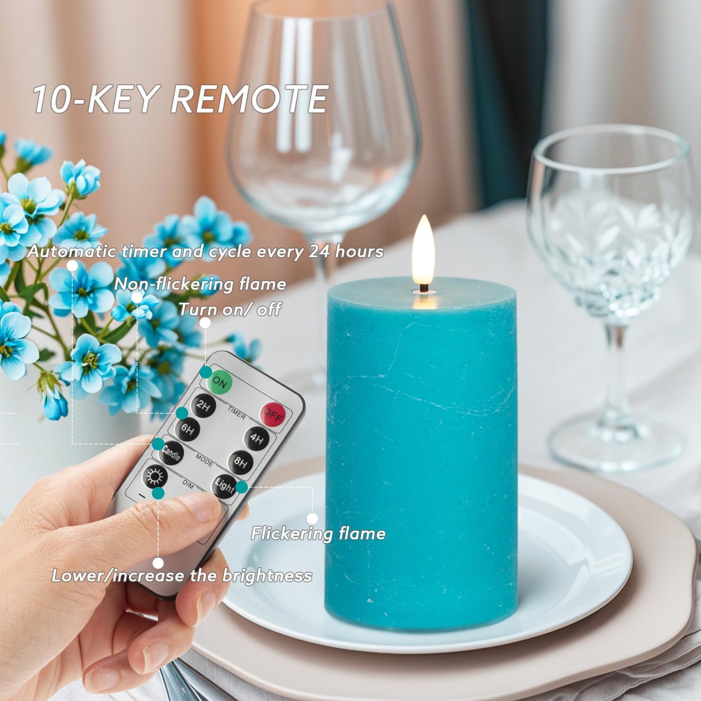 AFINETH Teal Flameless Pillar Candles, Battery Operated Candles with Remote, Real Wax Flickering LED Candles for Home Party Wedding Holiday Decor, Set of 4, Φ 3" H 4" 5" 6" 8"